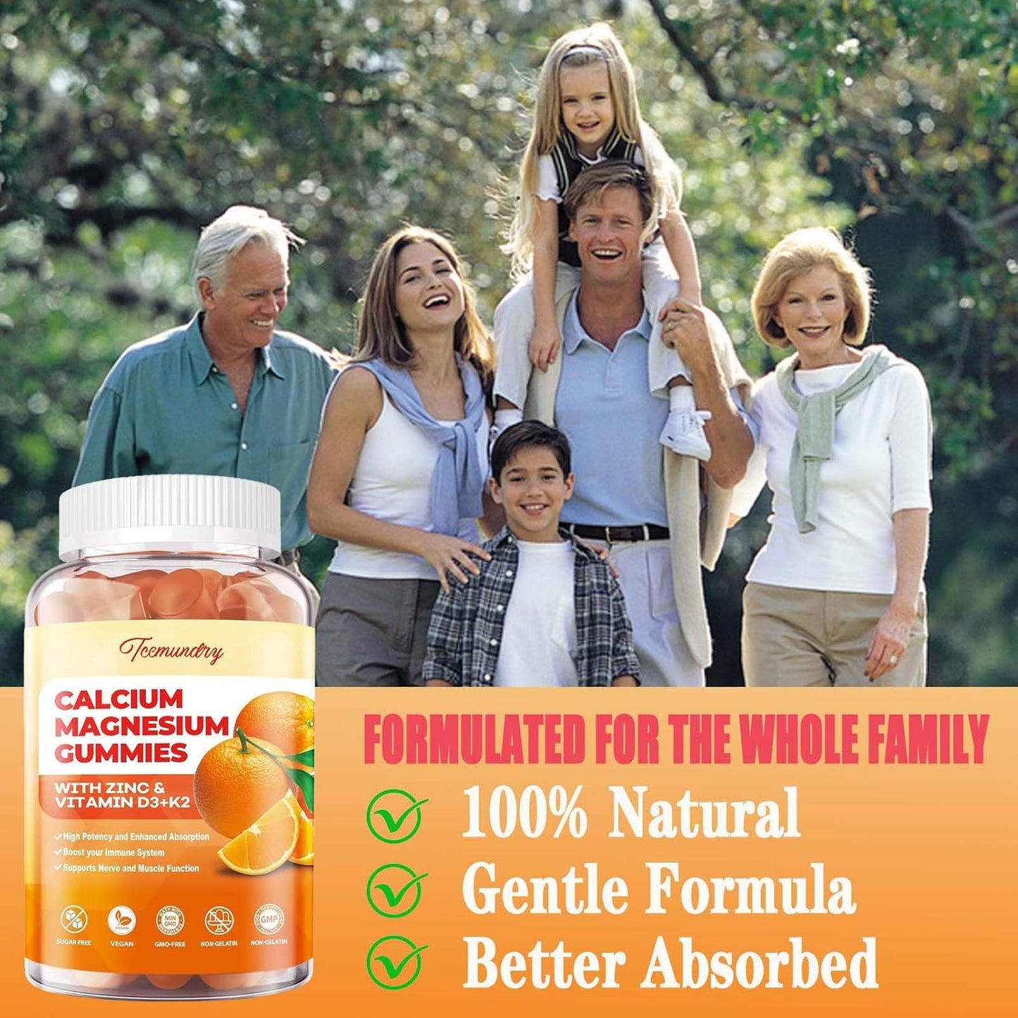 Sugar-Free Calcium Magnesium Zinc Gummies with Vitamin D3 & K2 for Adults Men Women Kids - High Absorption Magnesium Glycinate 400mg - Supports Nerve Muscle Mood & Immunity