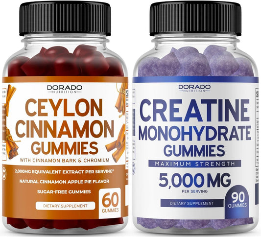 Sugar-Free Ceylon Cinnamon Gummies (2,000mg) and Creatine Monohydrate Gummies (5,000mg) Bundle - 60 Cinnamon Gummies and 90 Creatine Gummies