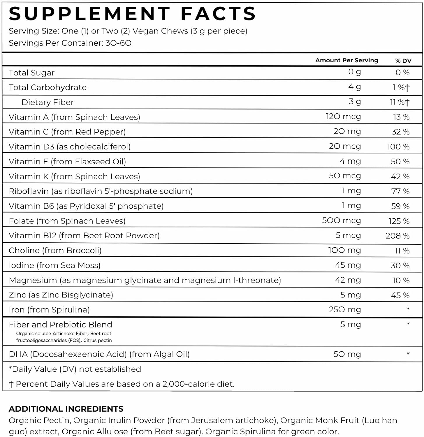 Sugar-Free Chewable Kids Multivitamin with Prebiotics, Omega 3 DHA, Fiber, Iron & Folate for Immunity & Digestive Health - Vegan | 60 Chews