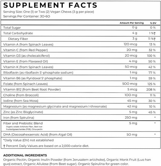 Sugar-Free Chewable Kids Multivitamin with Prebiotics, Omega 3 DHA, Fiber, Iron & Folate for Immunity & Digestive Health - Vegan | 60 Chews