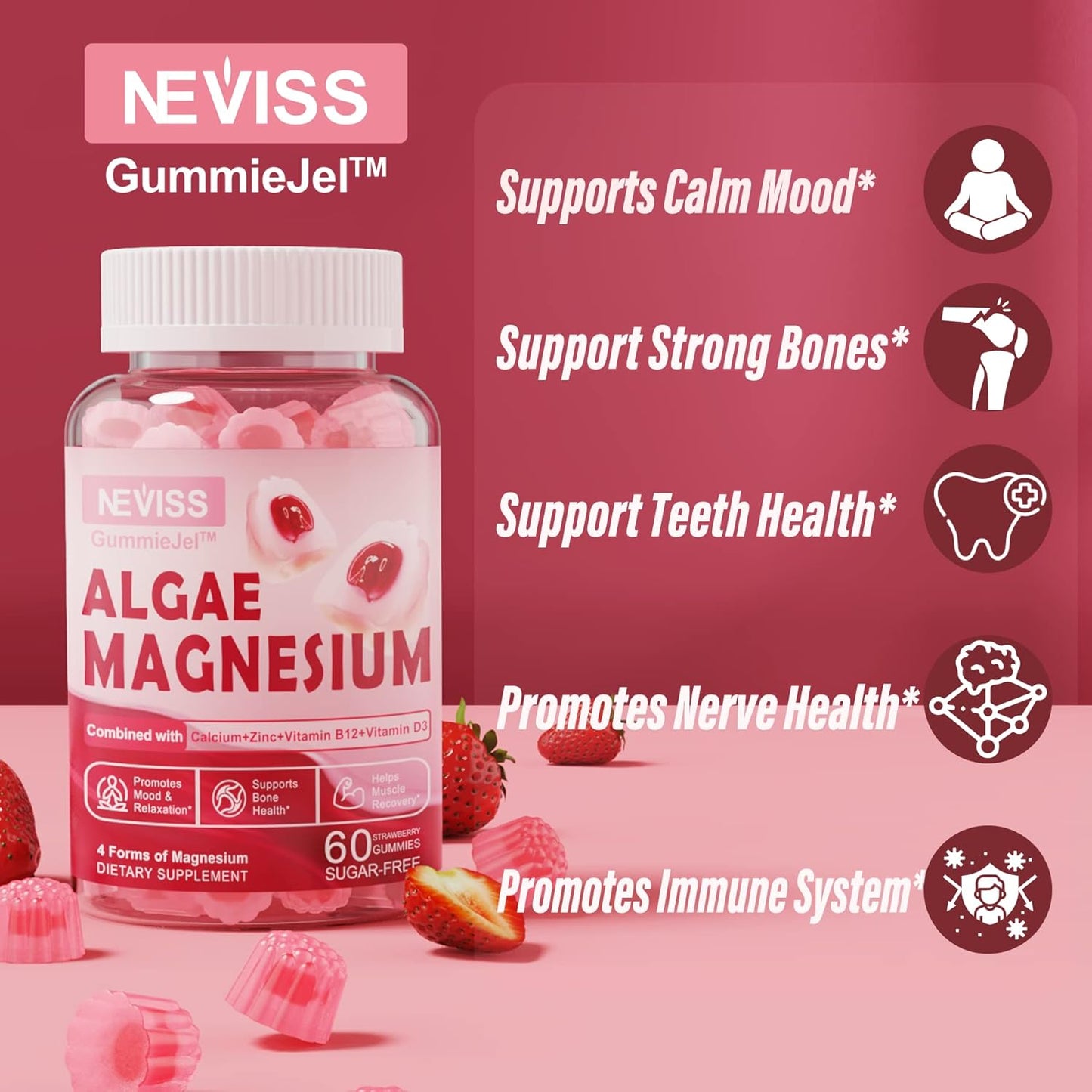 Sugar Free Collagen and Calcium Magnesium Gummies for Adults - Promotes Healthy Skin, Hair, Nails, Bones, Nerves, Muscles, and Mood