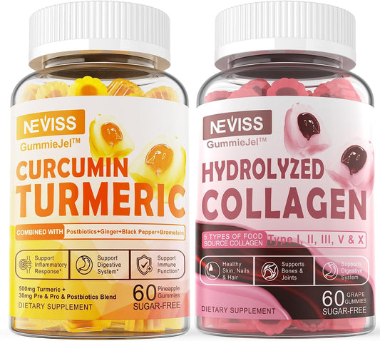 Sugar Free Collagen and Turmeric Gummies for Skin, Hair, Nails, Bone & Joint Support - Immune & Digestive Health