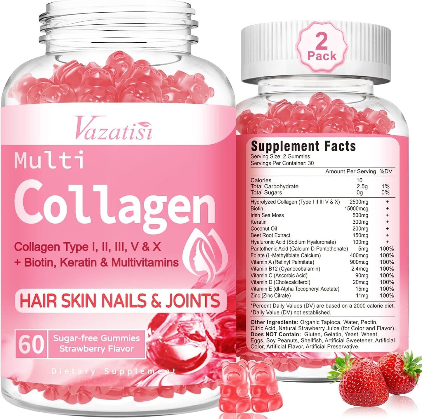 Sugar Free Collagen Gummies 2 Pack for Skin Hair Nails Joints Muscles - Hydrolyzed Peptide Type I II III V X with Biotin Vitamin C A B D E - Women Men Supplement