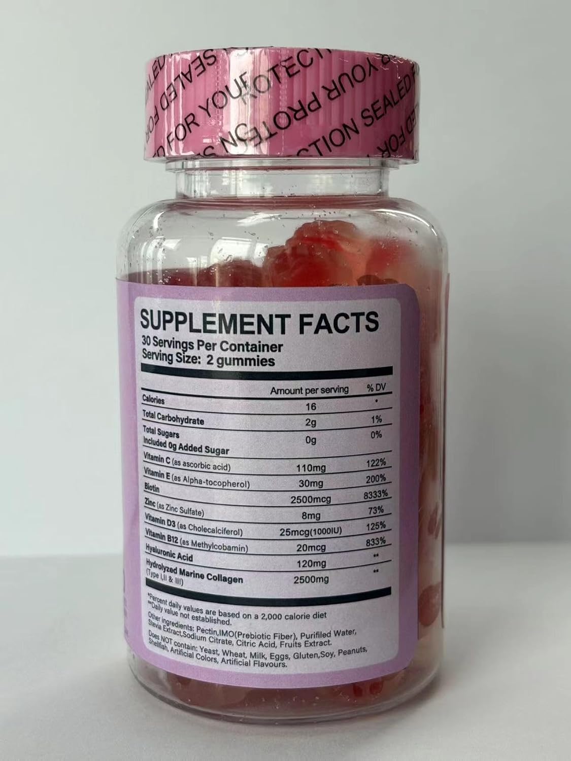 Sugar Free Collagen Gummies for Women with Super Strength 2500mg Hydrolyzed Peptides, Biotin, Vitamin D3, E, C, B12, Zinc - Natural Peach Flavor - 60 Gummies