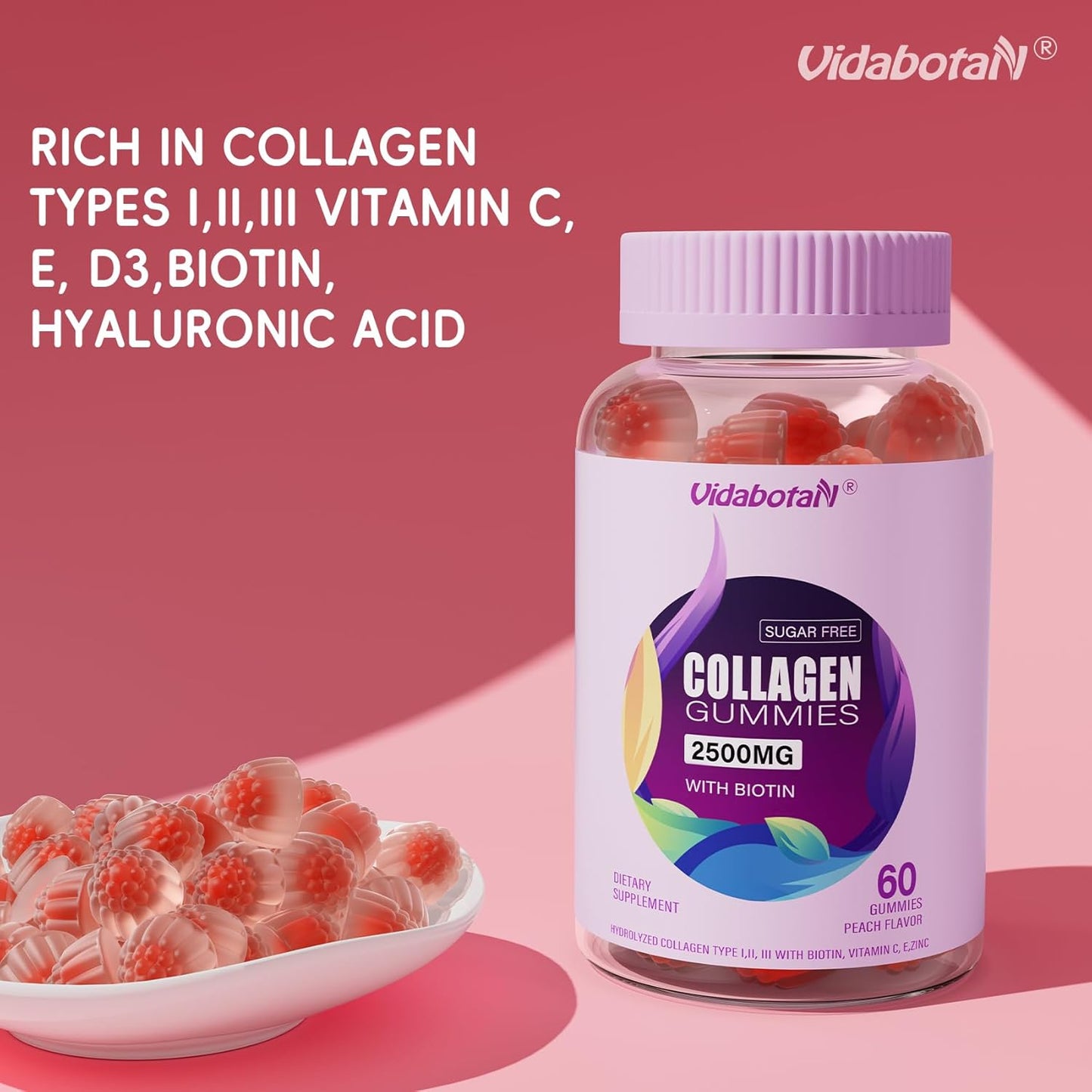 Sugar Free Collagen Gummies for Women with Super Strength 2500mg Hydrolyzed Peptides, Biotin, Vitamin D3, E, C, B12, Zinc - Natural Peach Flavor - 60 Gummies