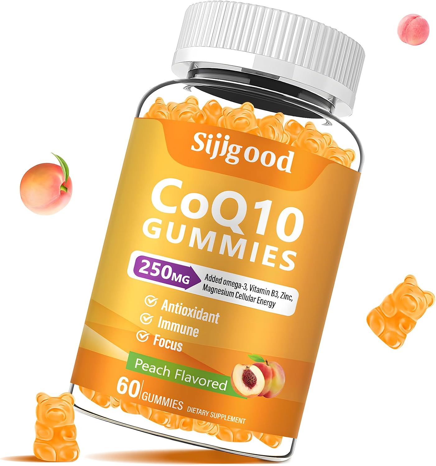 Sugar-Free CoQ10 Gummies with Omega-3, Vitamin B3, Zinc & Magnesium - 5X Absorption, Antioxidant & Energy Boost - Peach Flavor - 60 Count