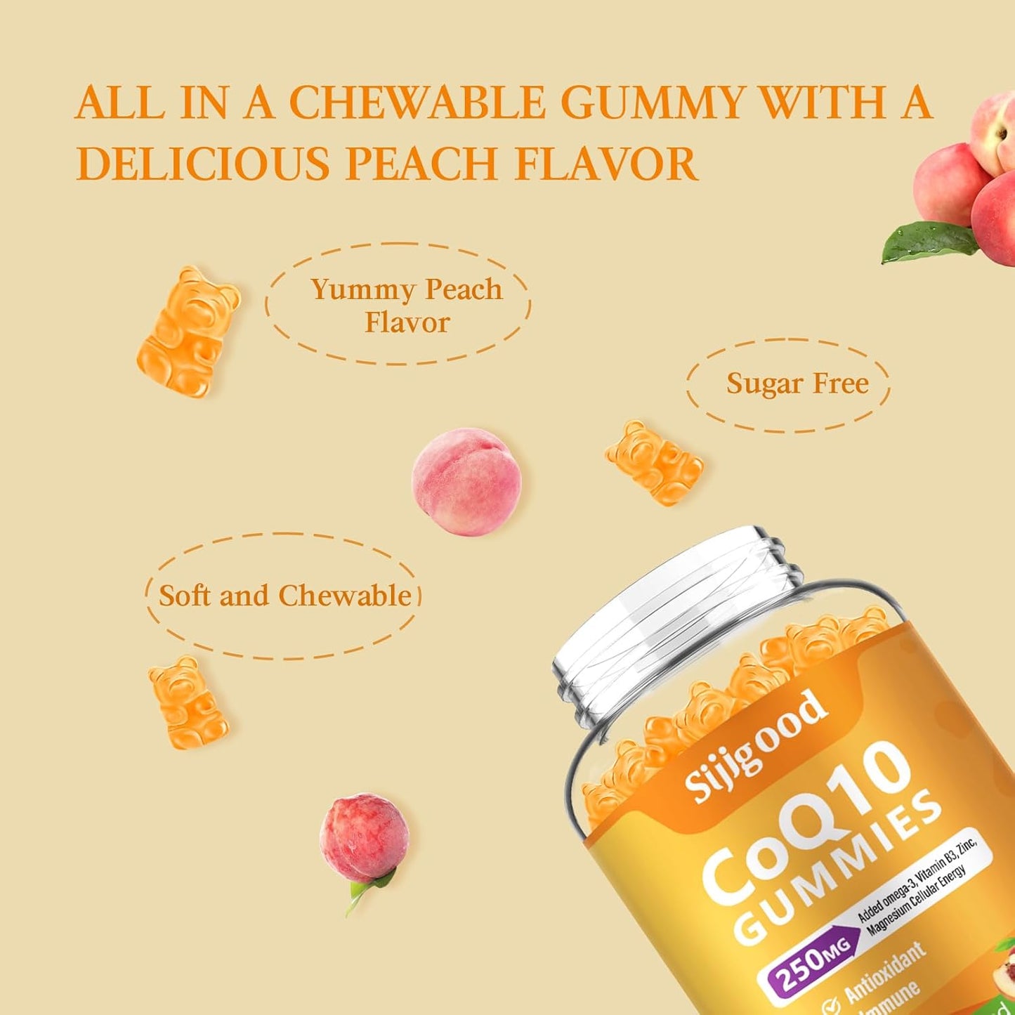 Sugar-Free CoQ10 Gummies with Omega-3, Vitamin B3, Zinc & Magnesium - 5X Absorption, Antioxidant & Energy Boost - Peach Flavor - 60 Count