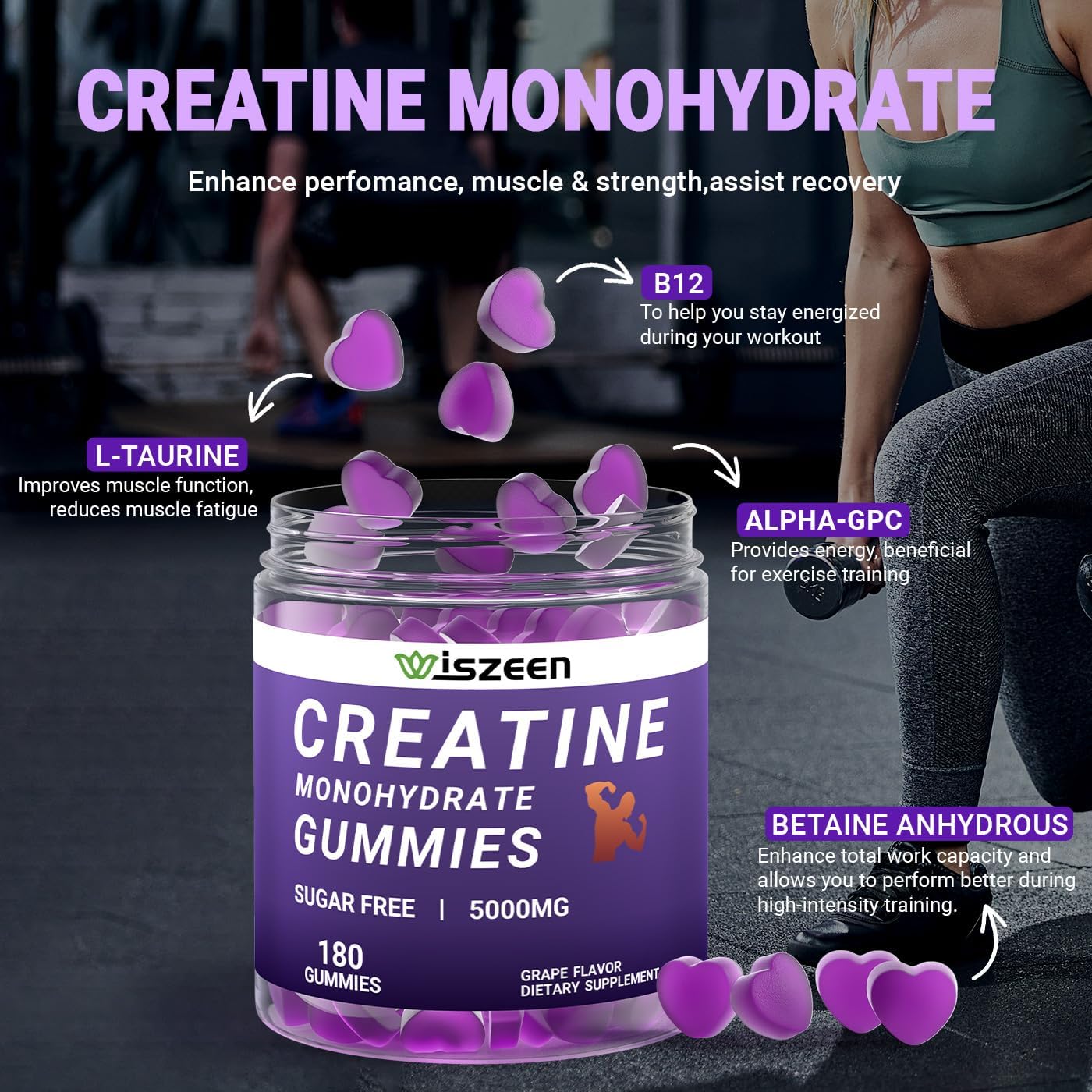 Sugar-Free Creatine Gummies with L-Taurine, Alpha GPC, and Vitamin B12 for Men and Women