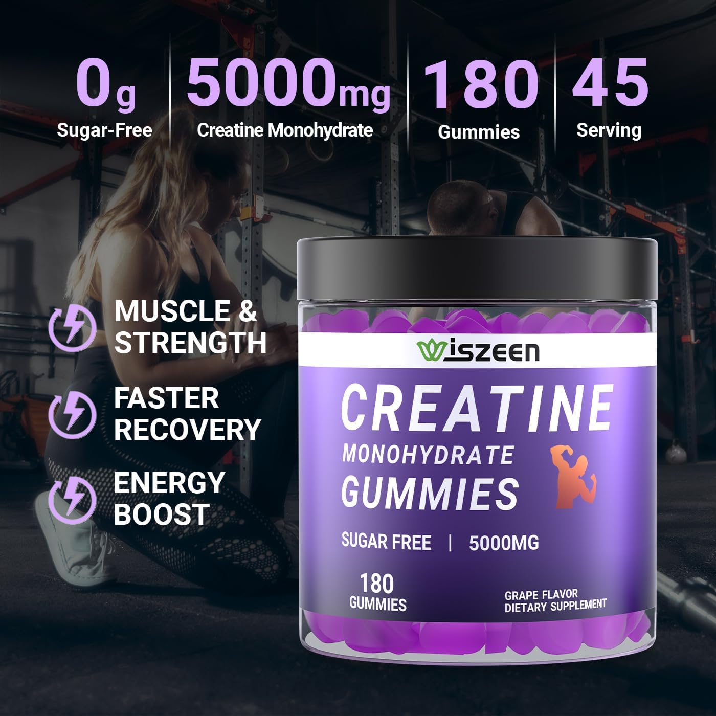 Sugar-Free Creatine Gummies with L-Taurine, Alpha GPC, and Vitamin B12 for Men and Women