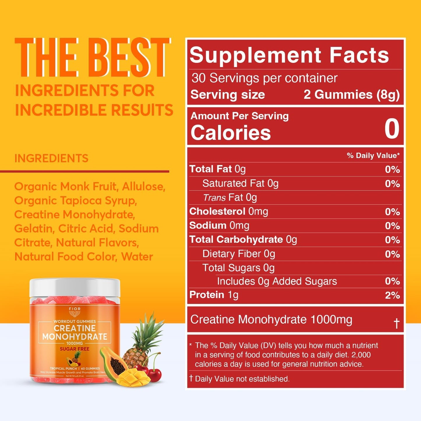 Sugar-Free Creatine Gummy - Top Creatine Monohydrate Chewable Supplement, Tropical Punch Flavor, 60 Count