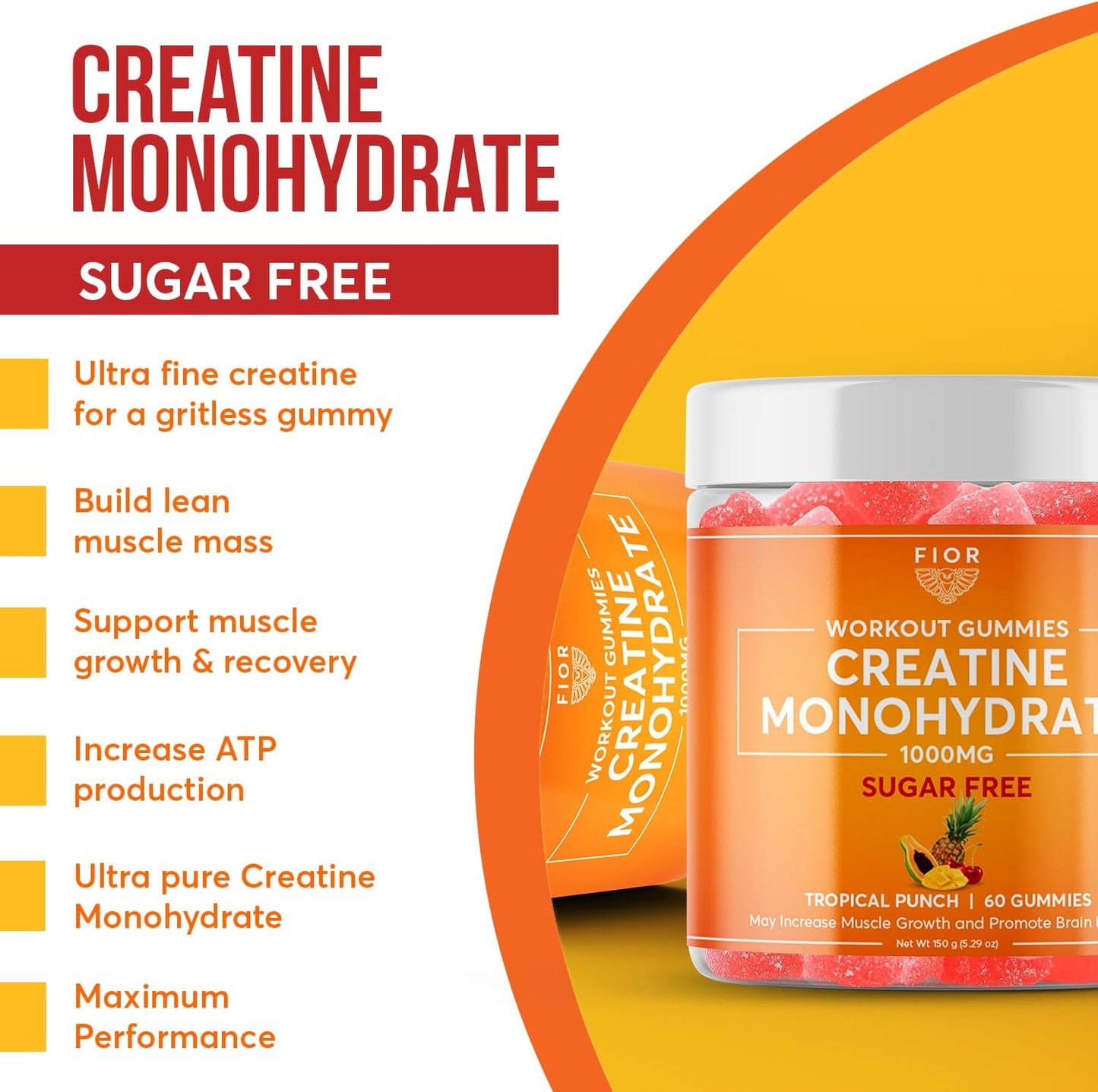 Sugar-Free Creatine Gummy - Top Creatine Monohydrate Chewable Supplement, Tropical Punch Flavor, 60 Count