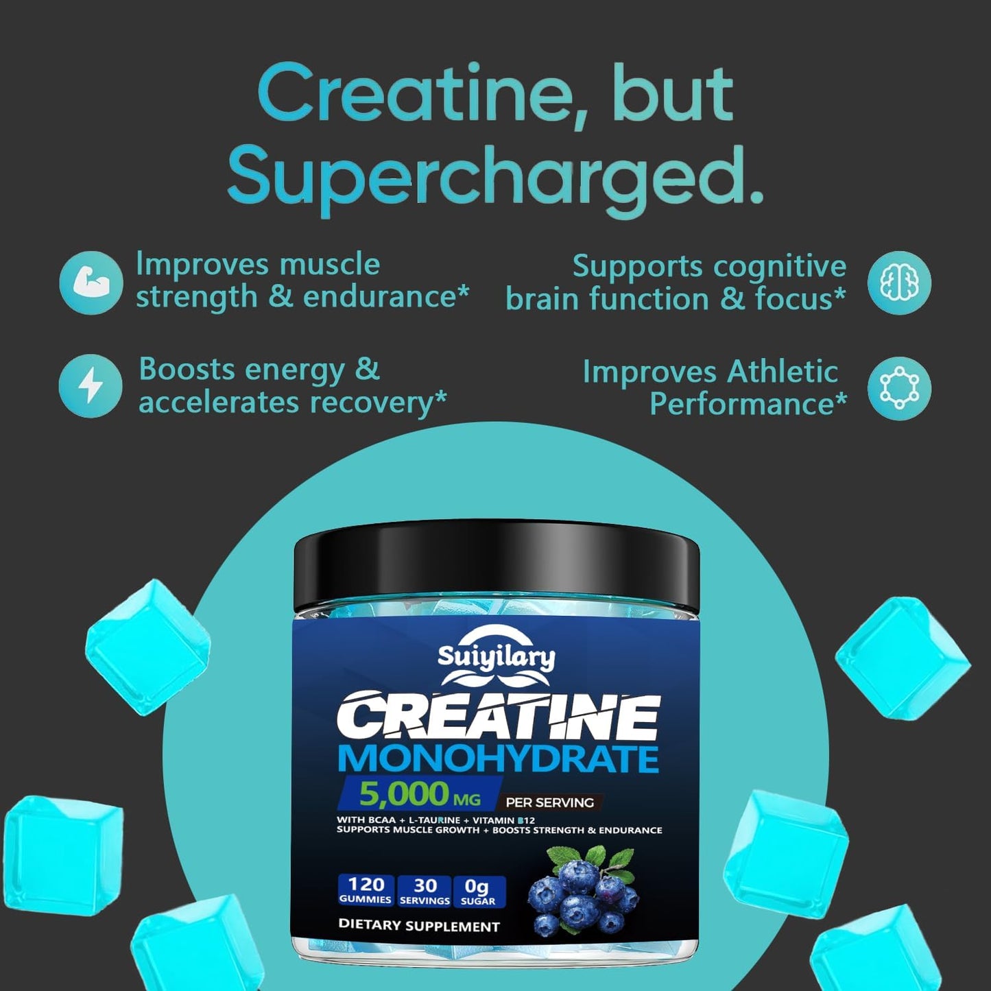 Sugar-Free Creatine Monohydrate Gummies Complex 5000mg - 120 Gummies for Muscle Strength & Energy Boost - Vegan Pre-Workout Supplement for Men & Women