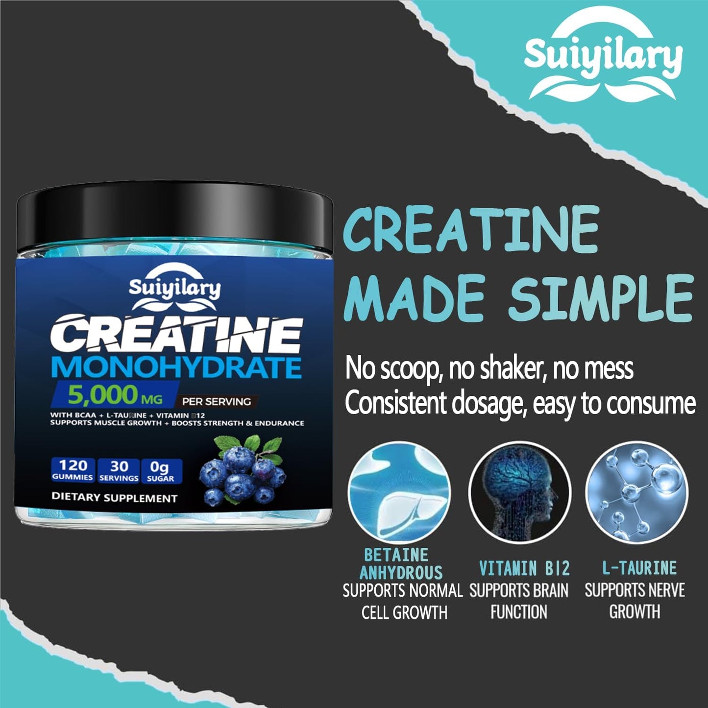 Sugar-Free Creatine Monohydrate Gummies Complex 5000mg - 120 Gummies for Muscle Strength & Energy Boost - Vegan Pre-Workout Supplement for Men & Women