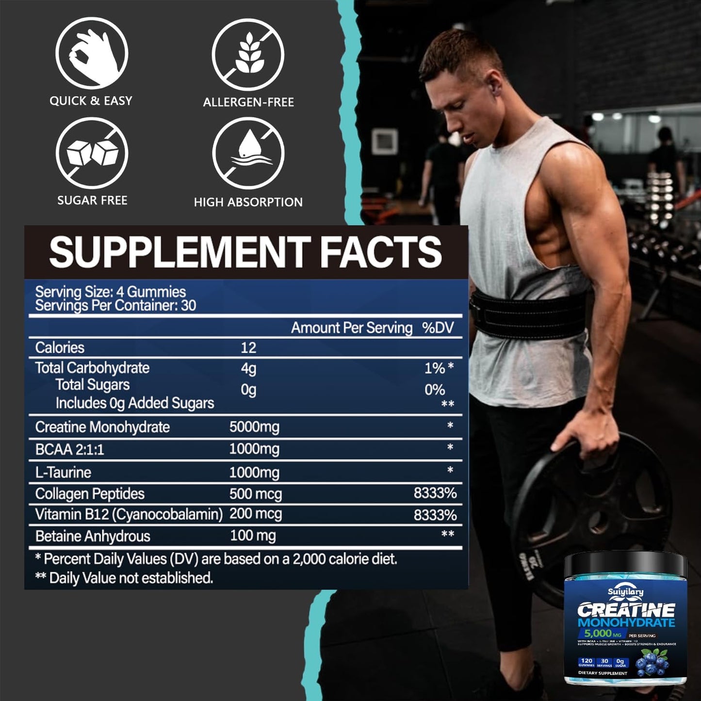 Sugar-Free Creatine Monohydrate Gummies Complex 5000mg - 120 Gummies for Muscle Strength & Energy Boost - Vegan Pre-Workout Supplement for Men & Women