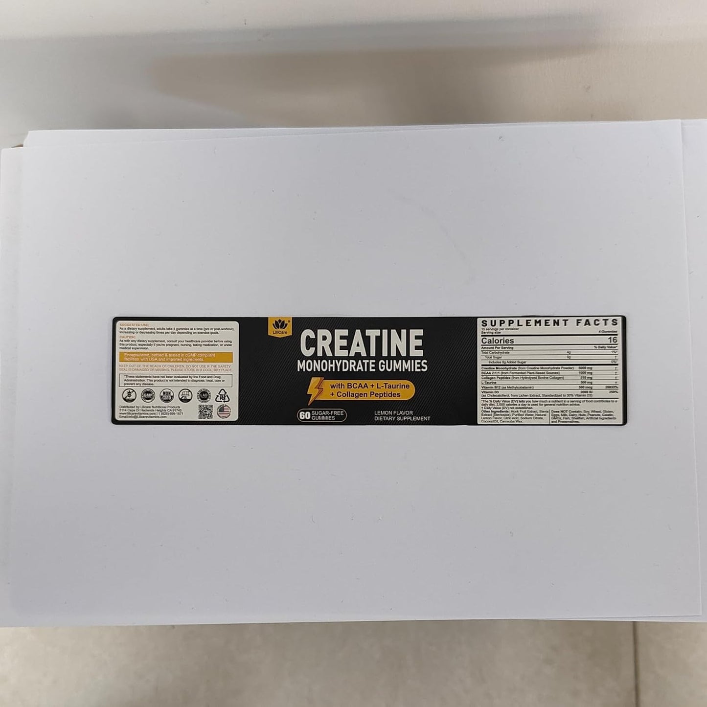 Sugar-Free Creatine Monohydrate Gummies Complex with BCAA, Collagen, D3, B12, and L-Taurine - Natural Lemon Flavor - 60 Count