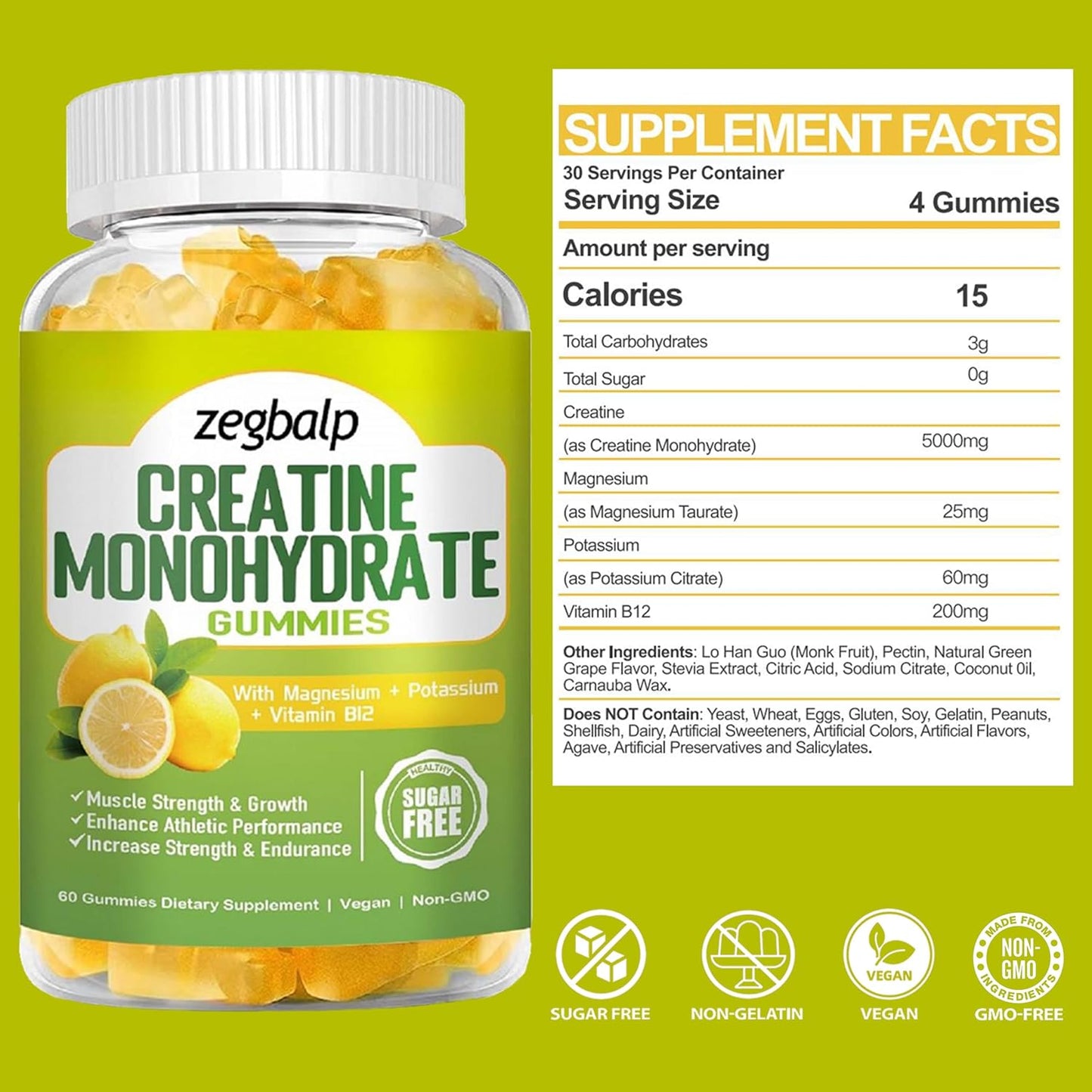 Sugar Free Creatine Monohydrate Gummies with Magnesium & Vitamin B12 for Muscle Strength & Energy - 120 Count Pre-Workout Supplement
