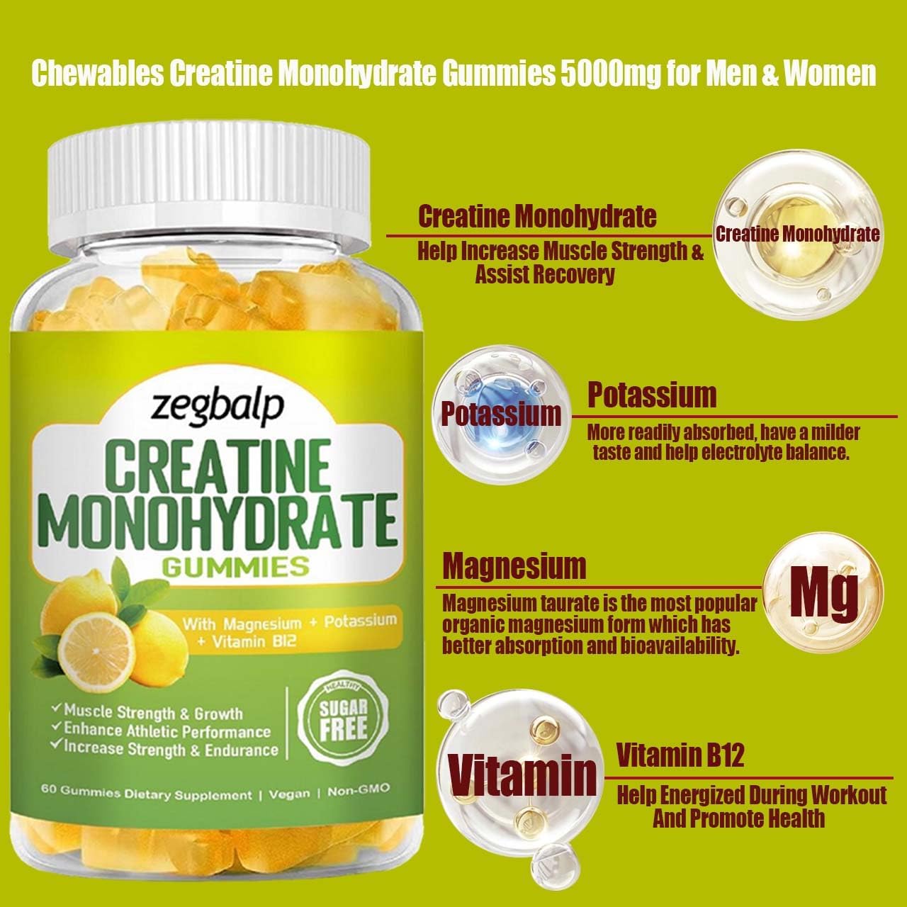 Sugar Free Creatine Monohydrate Gummies with Magnesium & Vitamin B12 for Muscle Strength & Energy - 120 Count Pre-Workout Supplement