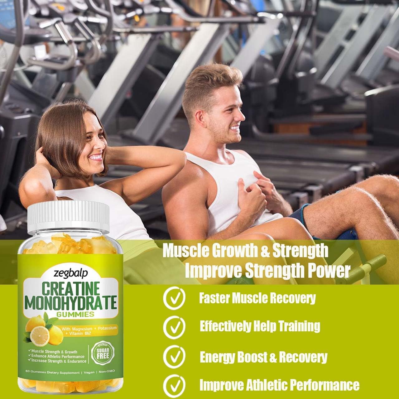 Sugar Free Creatine Monohydrate Gummies with Magnesium & Vitamin B12 for Muscle Strength & Energy - 120 Count Pre-Workout Supplement