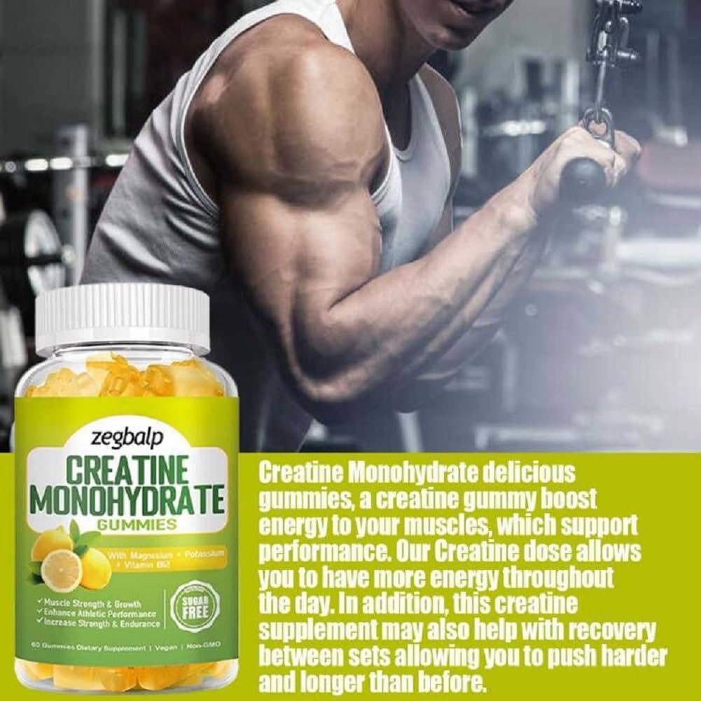 Sugar Free Creatine Monohydrate Gummies with Magnesium & Vitamin B12 for Muscle Strength & Energy - 120 Count Pre-Workout Supplement