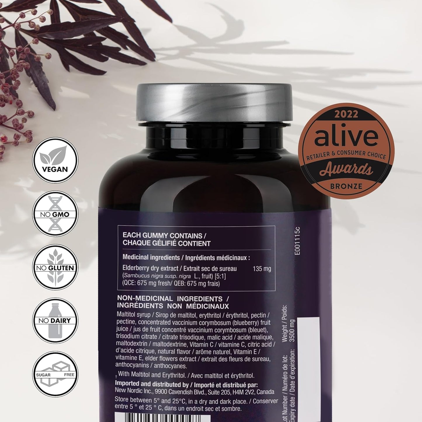 Sugar-Free Elderberry Vegan Gummies with Vitamin C - Immune Support for Adults & Kids 4+, 60 Count