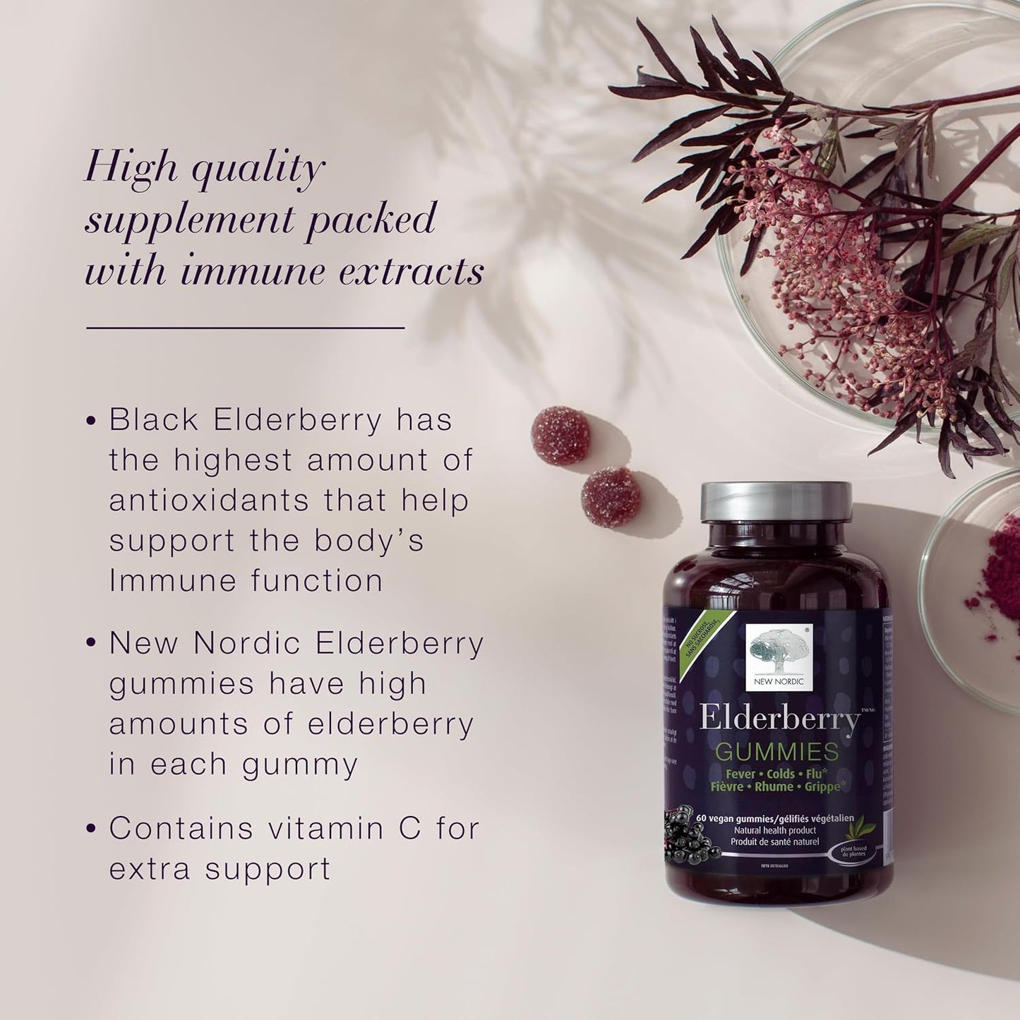 Sugar-Free Elderberry Vegan Gummies with Vitamin C - Immune Support for Adults & Kids 4+, 60 Count