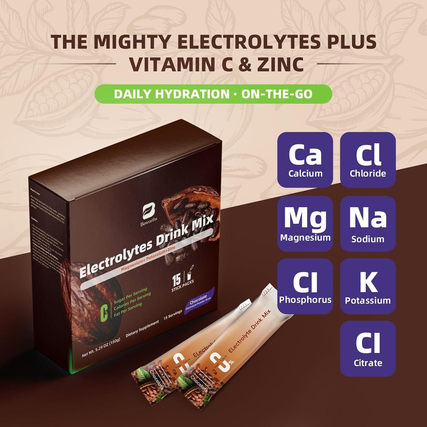 Sugar-Free Electrolyte Powder Packets with Vitamins & Magnesium - 15 Sticks for Hydration Replenishment