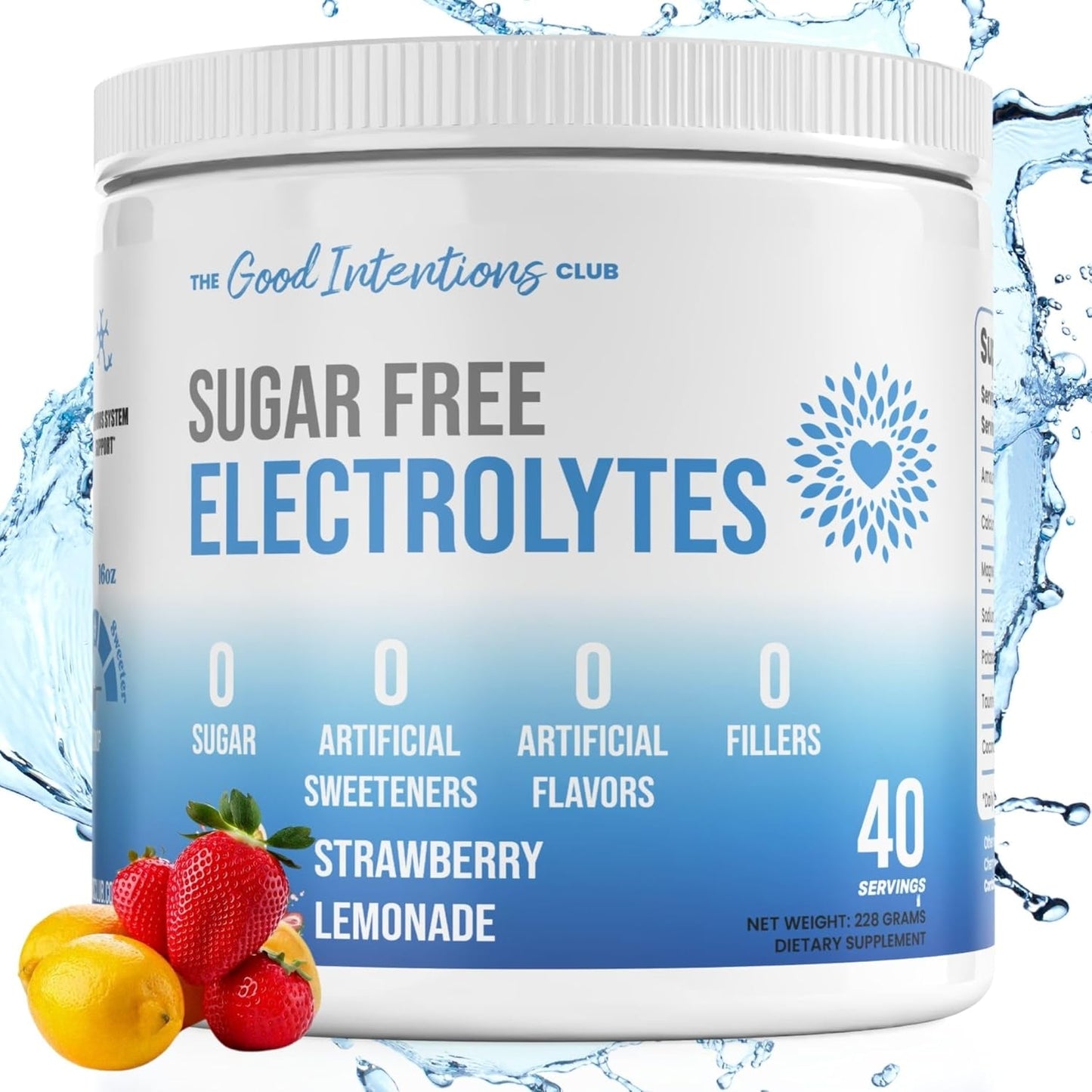 Sugar-Free Electrolyte Powder with Natural Ingredients - Strawberry Lemonade Flavor - 40 Servings - The Good Intentions Club