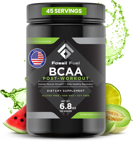 Sugar-Free Fossil Fuel BCAA Post-Workout Powder - Muscle Recovery & Hydration - Honeydew Watermelon Flavor (45 Servings)
