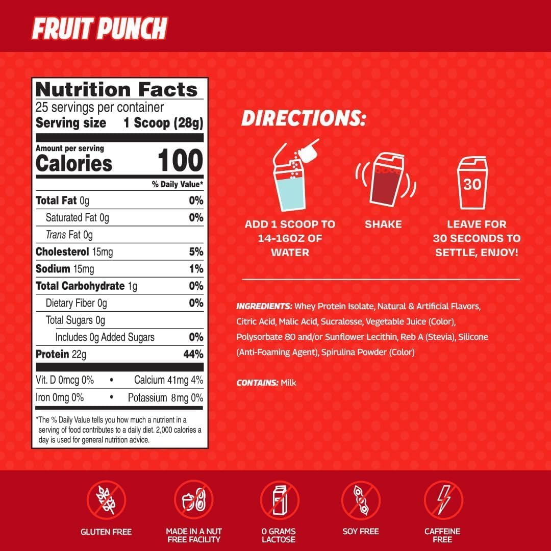 Sugar-Free Fruit Punch Clear Whey Isolate Protein Powder - 25 Servings, 22g Protein Per Serving - Keto-Friendly, Soy-Free Juice-Like Protein
