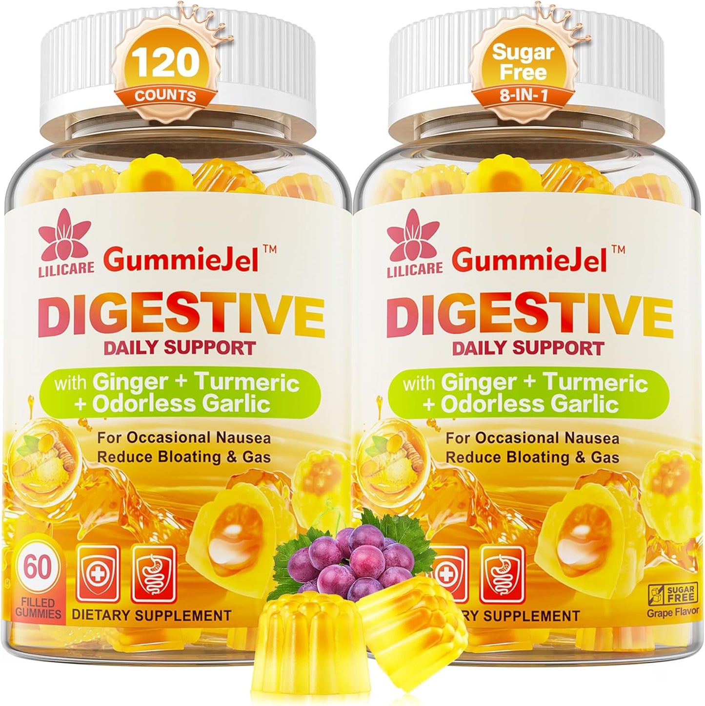 Sugar-Free Ginger Chews Gummies with Turmeric, Garlic, Quercetin, Vitamin D3 & C for Digestive Support, Nausea & Bloating Relief - 2 Packs
