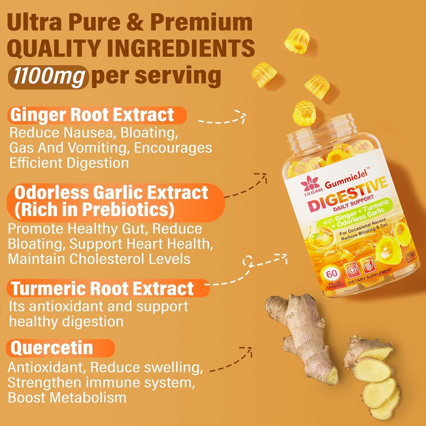 Sugar-Free Ginger Chews Gummies with Turmeric, Garlic, Quercetin, Vitamin D3 & C for Digestive Support, Nausea & Bloating Relief - 2 Packs