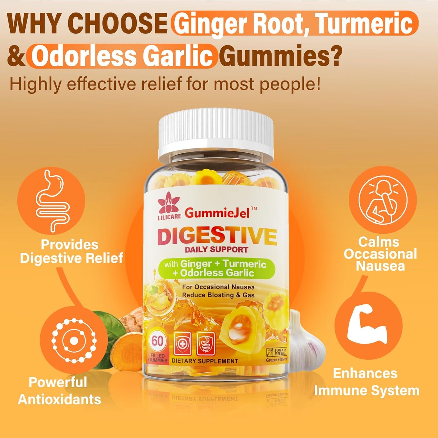 Sugar-Free Ginger Chews Gummies with Turmeric, Garlic, Quercetin, Vitamin D3 & C for Digestive Support, Nausea & Bloating Relief - 2 Packs