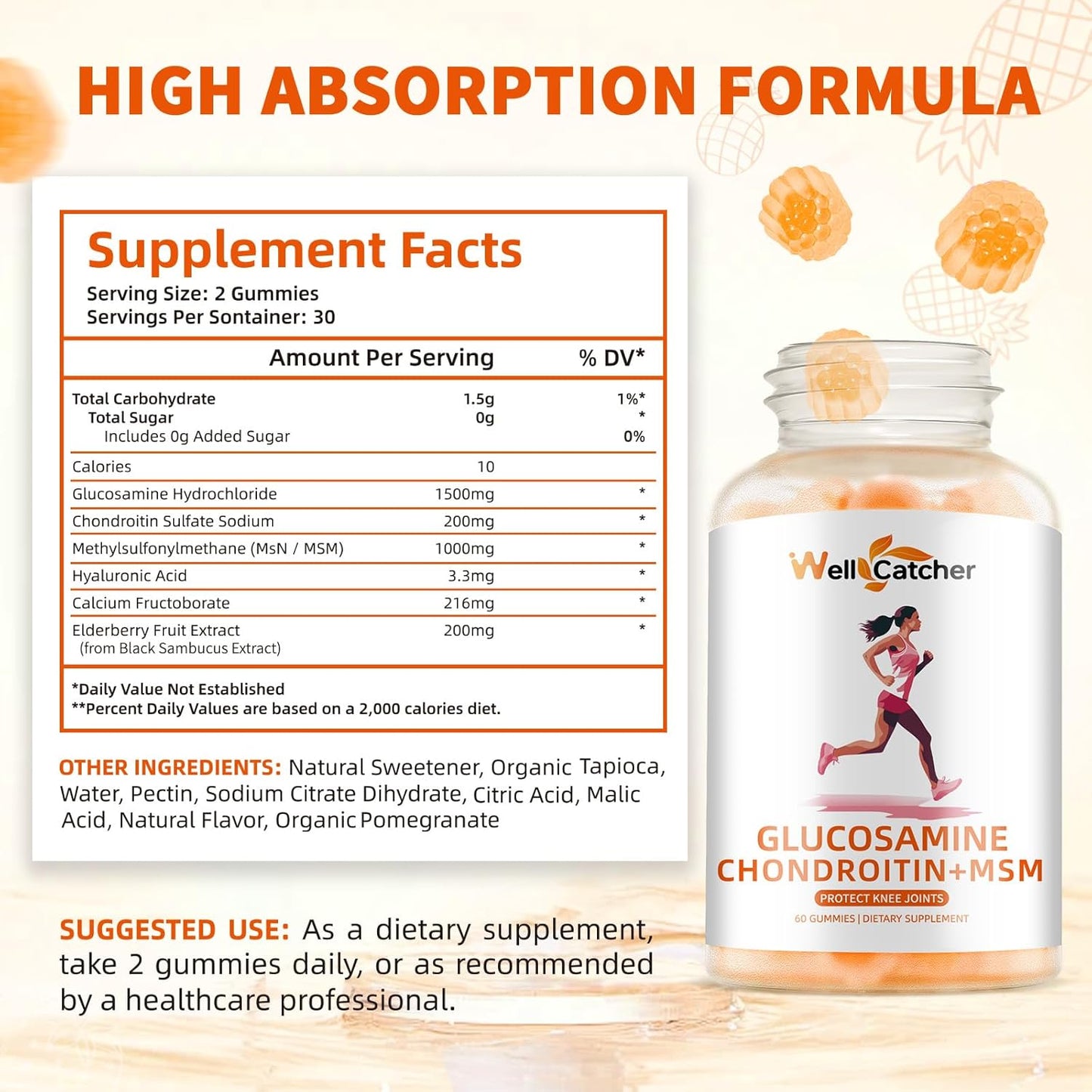 Sugar-Free Glucosamine Chondroitin Gummies with MSM for Joint Support - Elderberry Supplement for Adults - Pineapple Flavor - BoostGo Australia