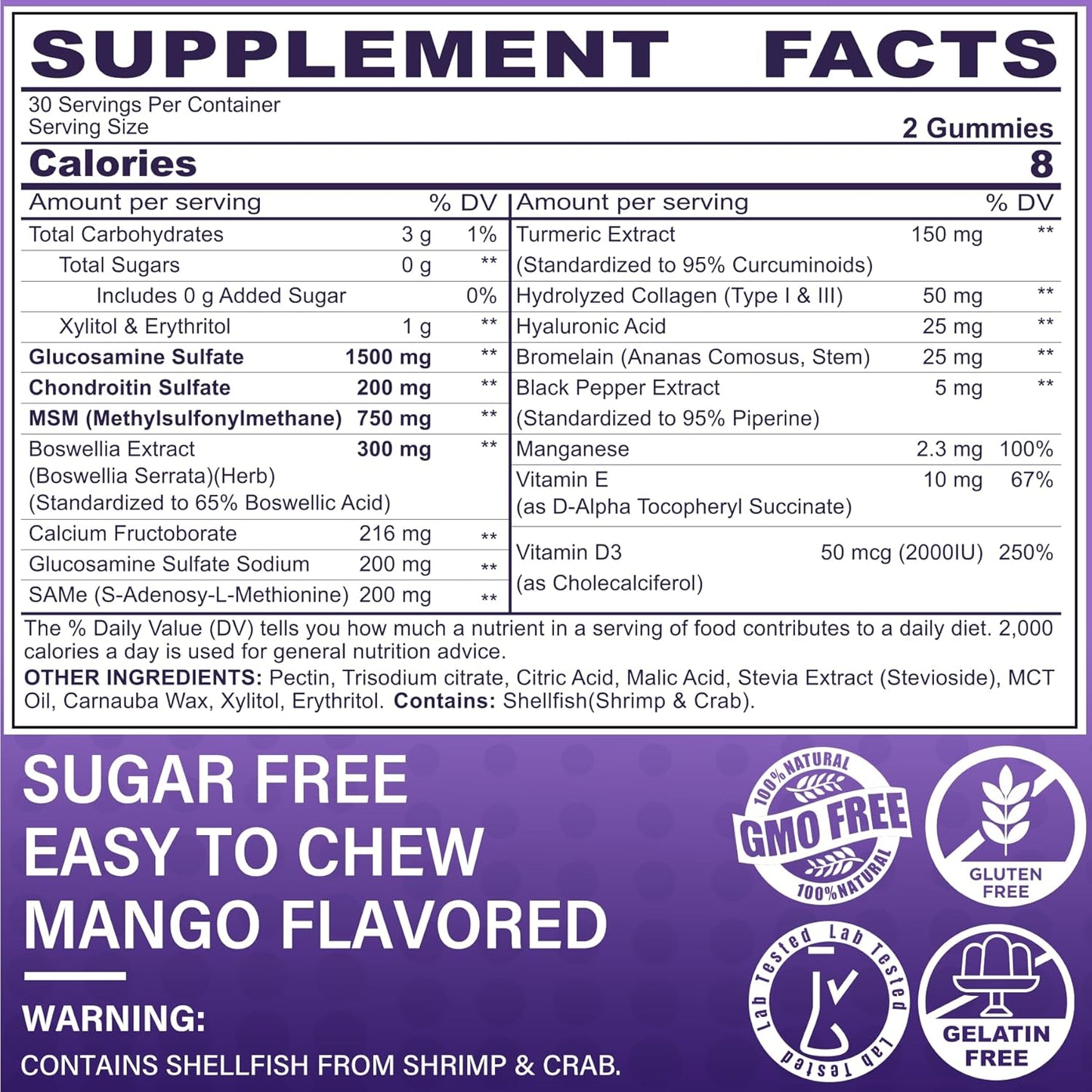 Sugar-Free Glucosamine Chondroitin MSM Gummies with CoQ10 - 120 + 60 Counts