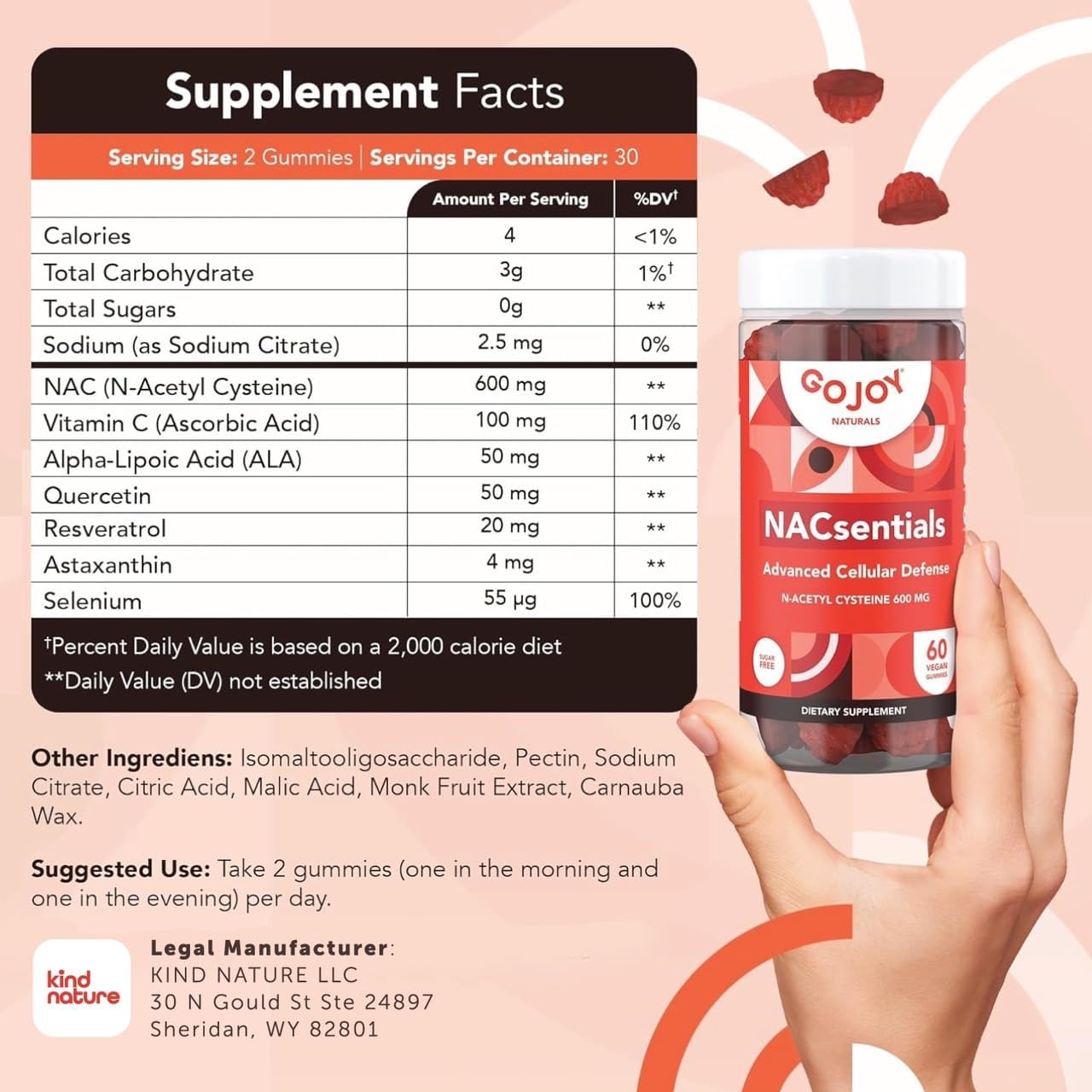 Sugar-Free GoJoy Naturals 7-in-1 Vegan NAC 600mg Gummies for Immune Support - Antioxidant Supplement with Vitamin C, ALA, Resveratrol - N Acetyl Cysteine 600mg Supplement