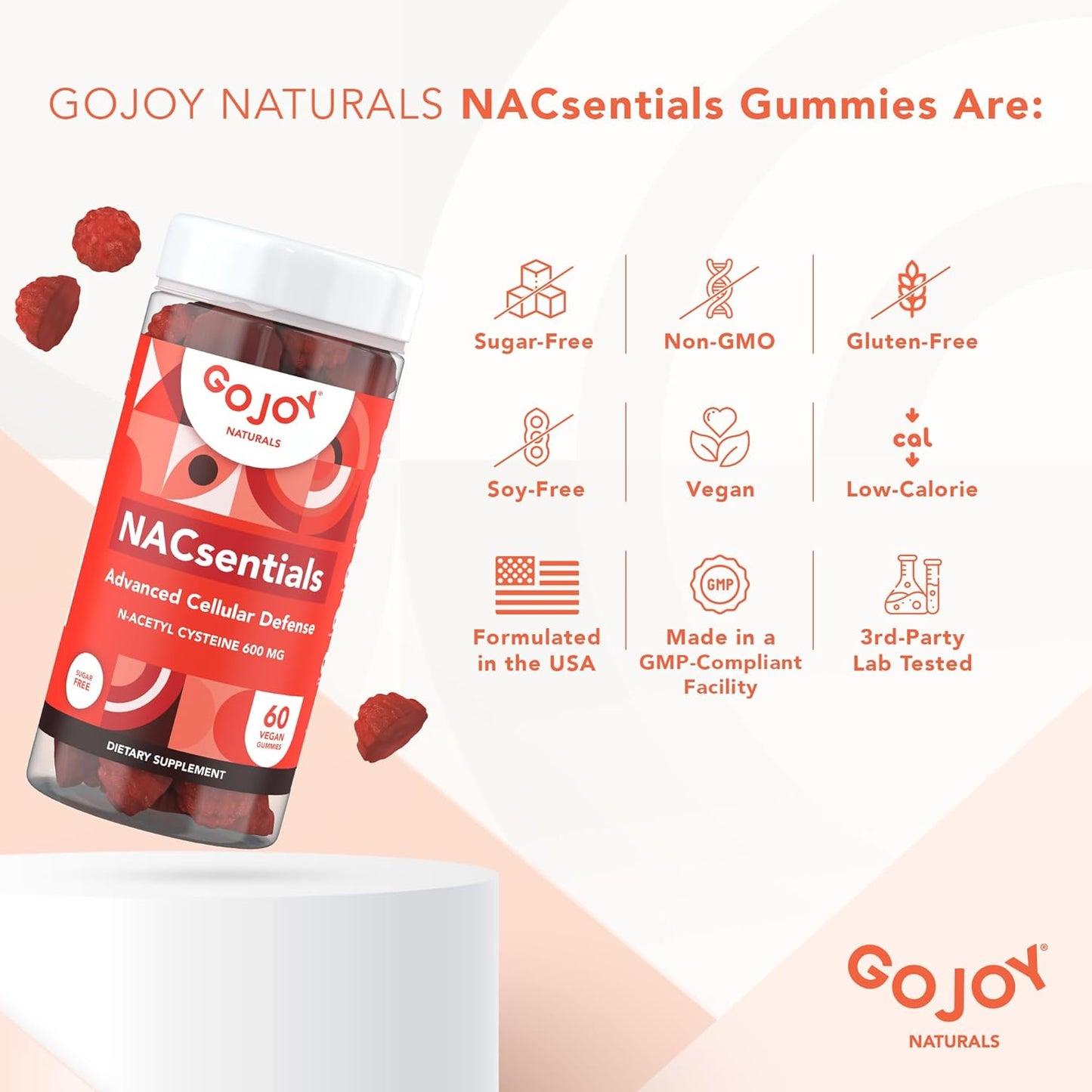 Sugar-Free GoJoy Naturals 7-in-1 Vegan NAC 600mg Gummies for Immune Support - Antioxidant Supplement with Vitamin C, ALA, Resveratrol - N Acetyl Cysteine 600mg Supplement