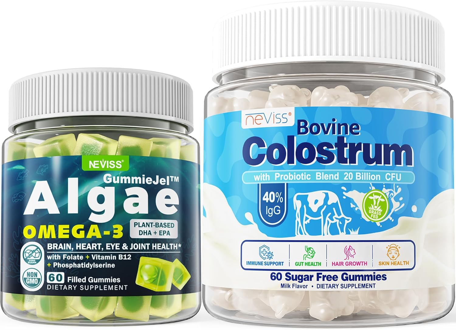 Sugar Free Grass Fed Colostrum Gummies & Vegan Omega 3 Gummies Bundle - 2 Pack & 1 Pack