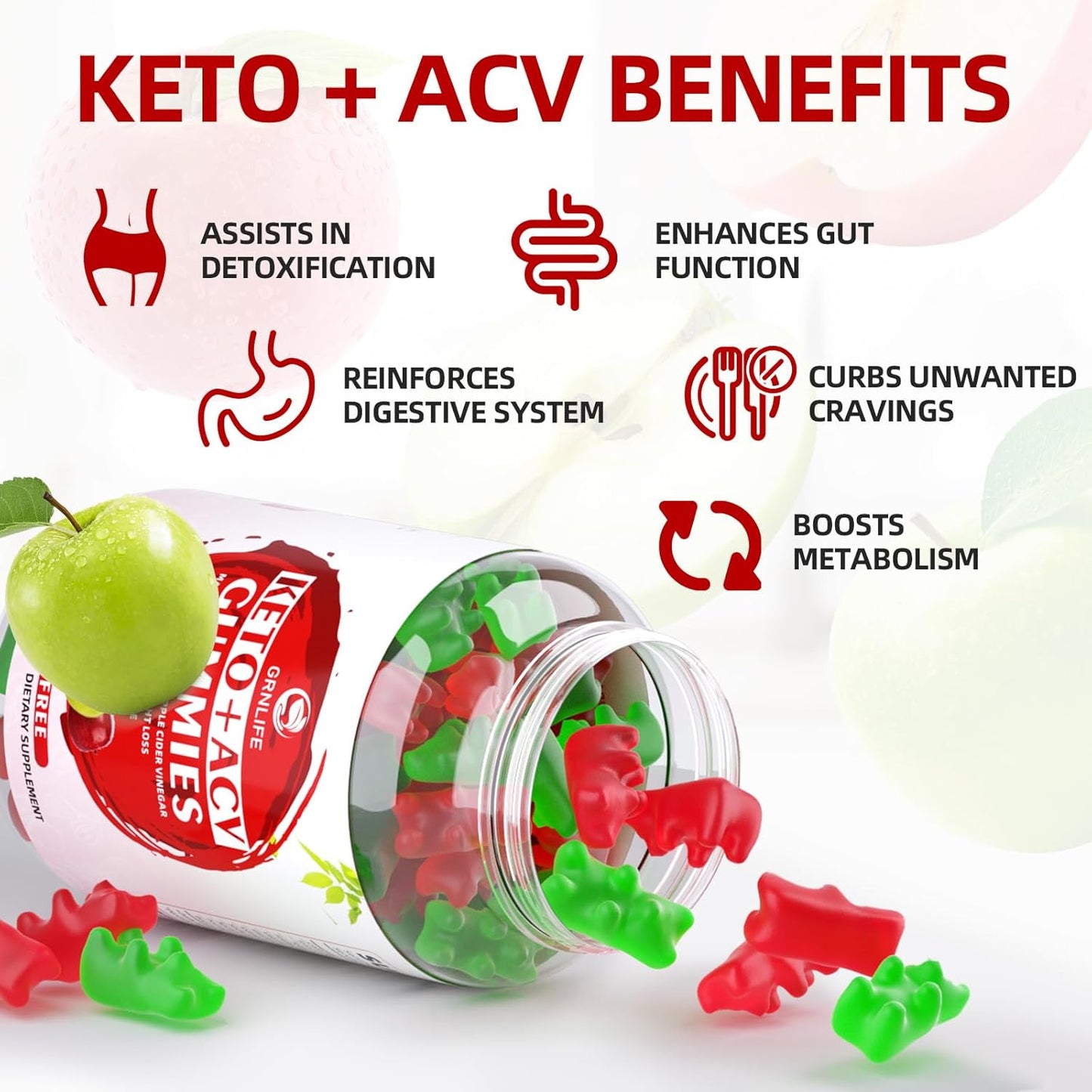 Sugar-Free GrnLife Keto ACV Gummies, 1000MG Apple Cider Vinegar Supplement, Metabolism Support for Men and Women, Made in USA, 120 Count