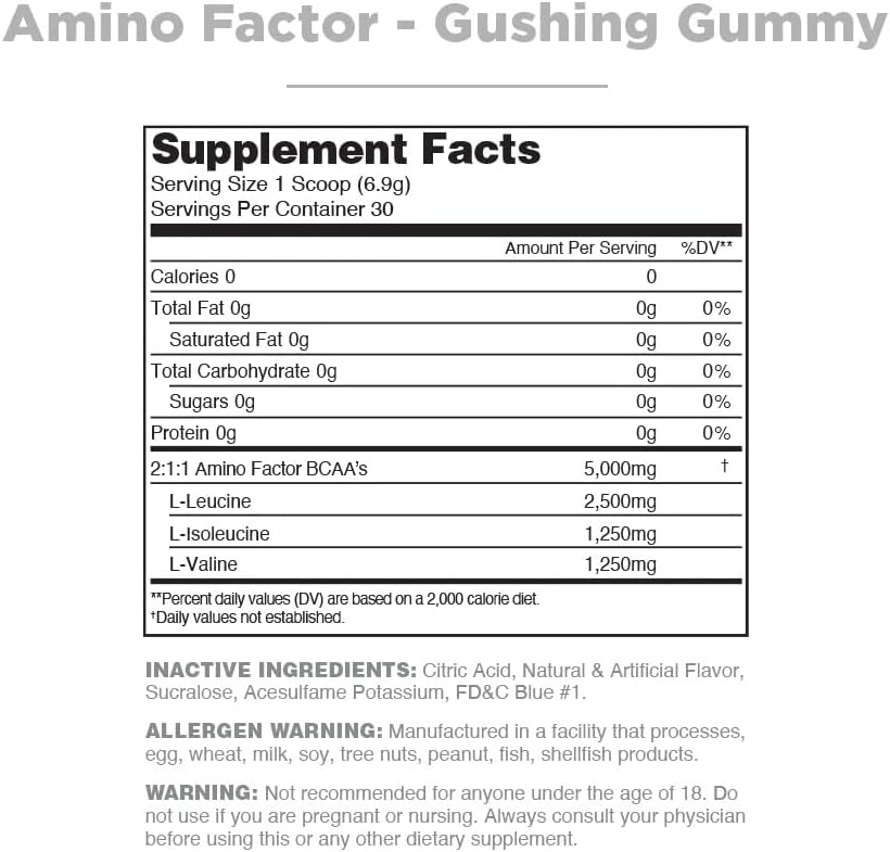 Sugar-Free Gushing Gummy BCAAs Drink for Muscle Recovery & Hydration - Nutrithority Amino Factor Instantized, 30 Servings, Intra & Post Workout