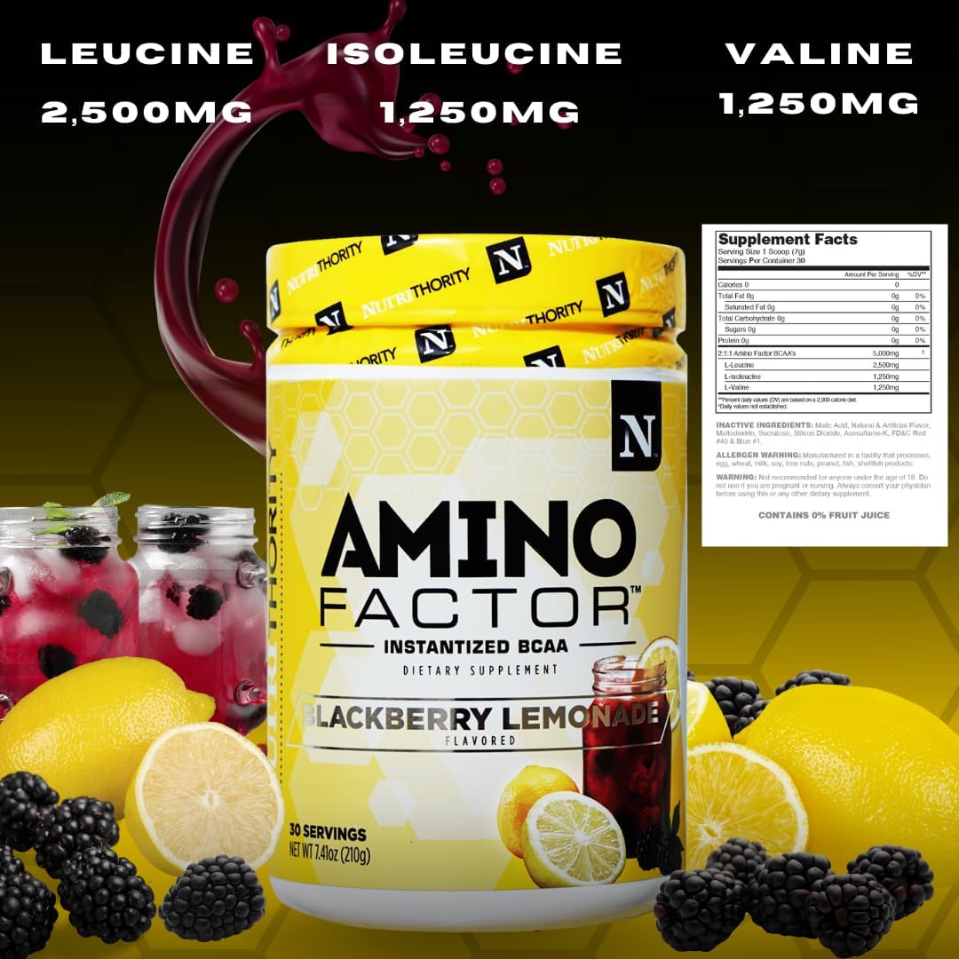 Sugar-Free Gushing Gummy BCAAs Drink for Muscle Recovery & Hydration - Nutrithority Amino Factor Instantized, 30 Servings, Intra & Post Workout