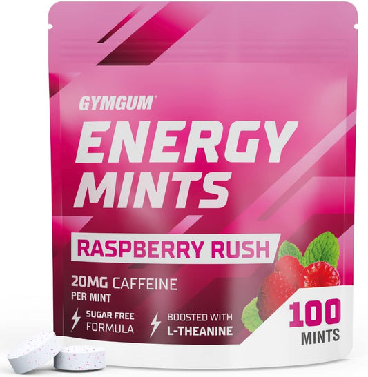 Sugar-Free GYMGUM Energy Mints with Caffeine, L-Theanine, and B Vitamins - Raspberry Rush Flavor, 100 Count