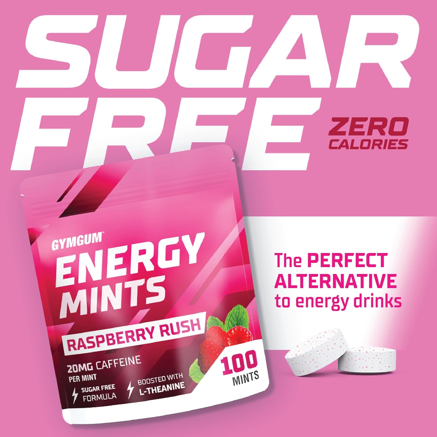 Sugar-Free GYMGUM Energy Mints with Caffeine, L-Theanine, and B Vitamins - Raspberry Rush Flavor, 100 Count