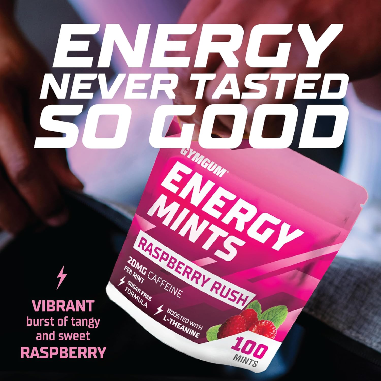 Sugar-Free GYMGUM Energy Mints with Caffeine, L-Theanine, and B Vitamins - Raspberry Rush Flavor, 100 Count