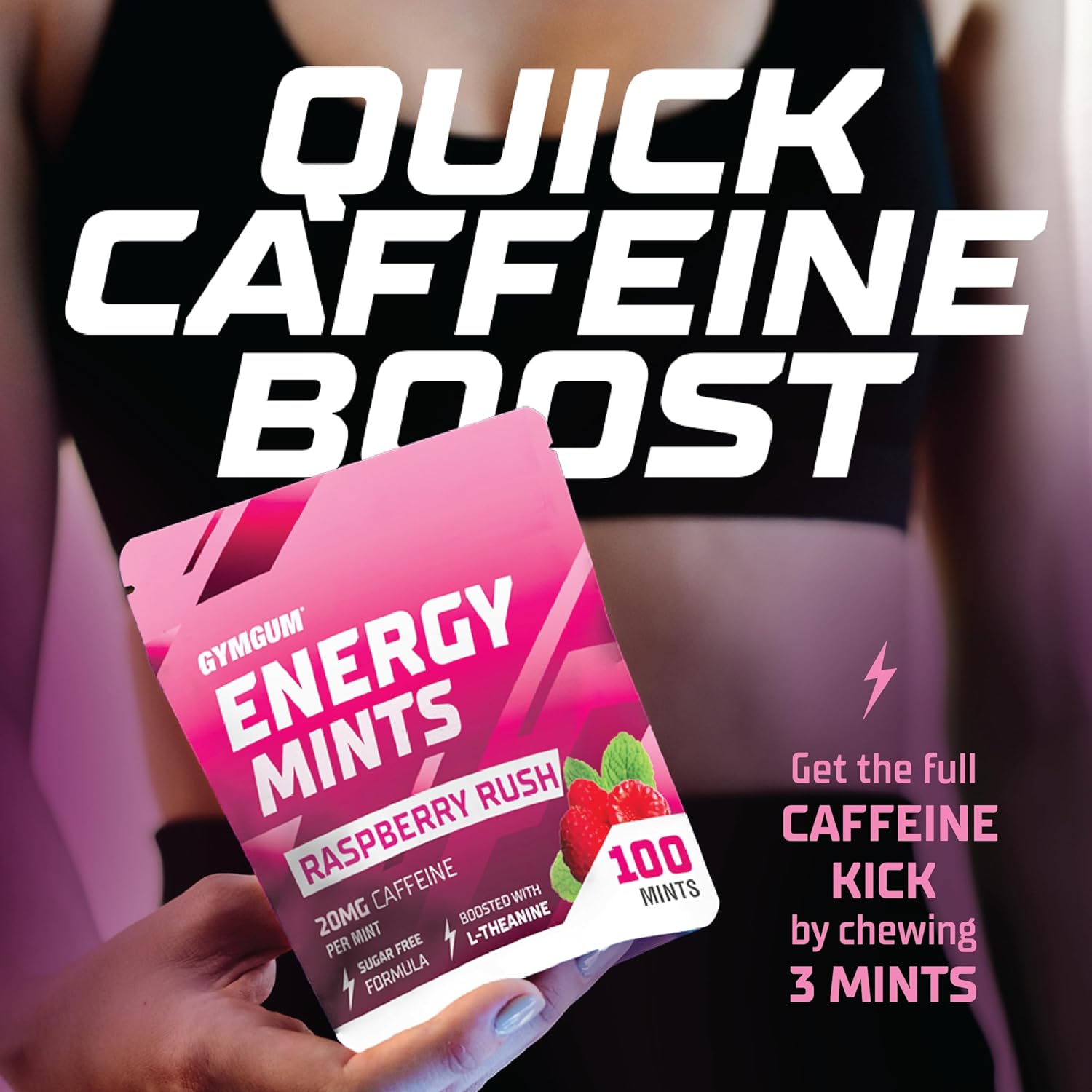Sugar-Free GYMGUM Energy Mints with Caffeine, L-Theanine, and B Vitamins - Raspberry Rush Flavor, 100 Count