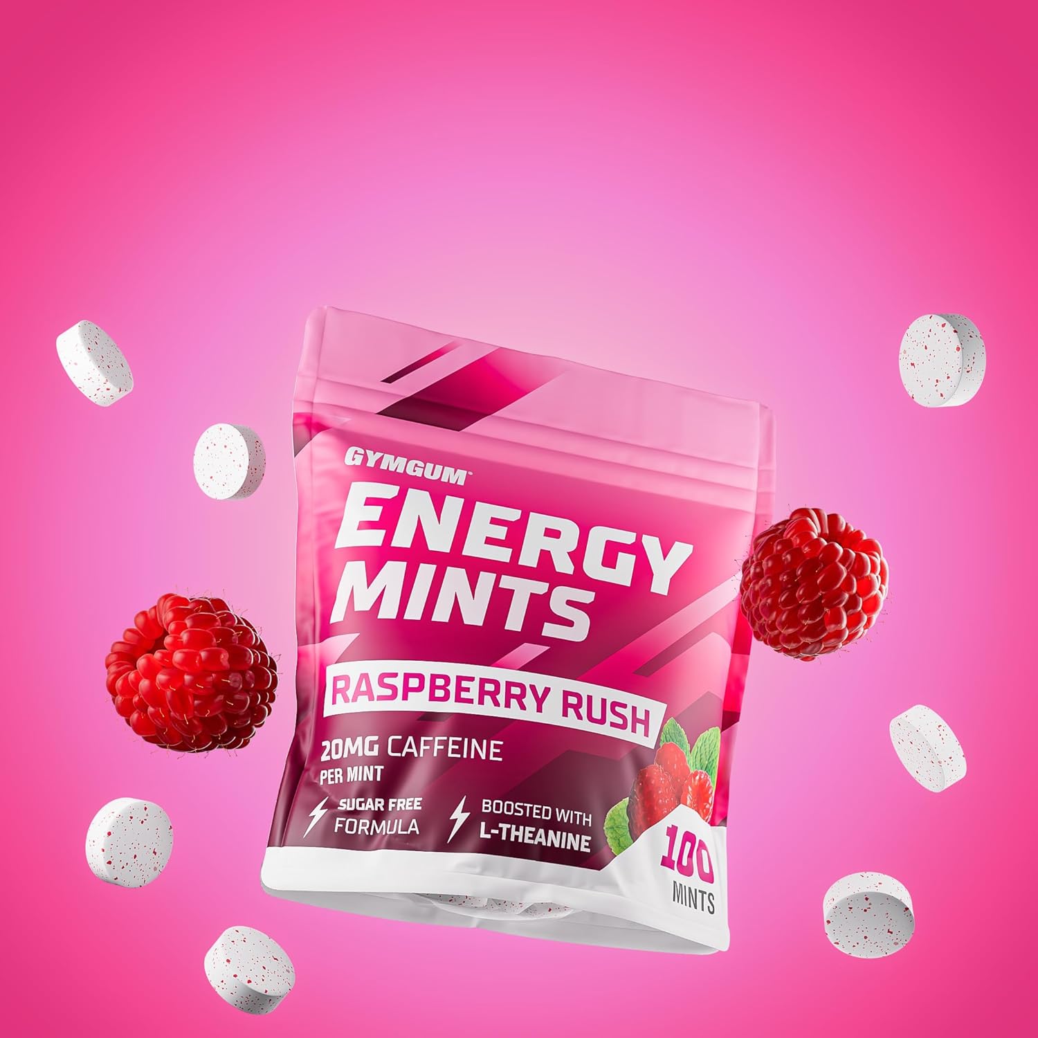 Sugar-Free GYMGUM Energy Mints with Caffeine, L-Theanine, and B Vitamins - Raspberry Rush Flavor, 100 Count