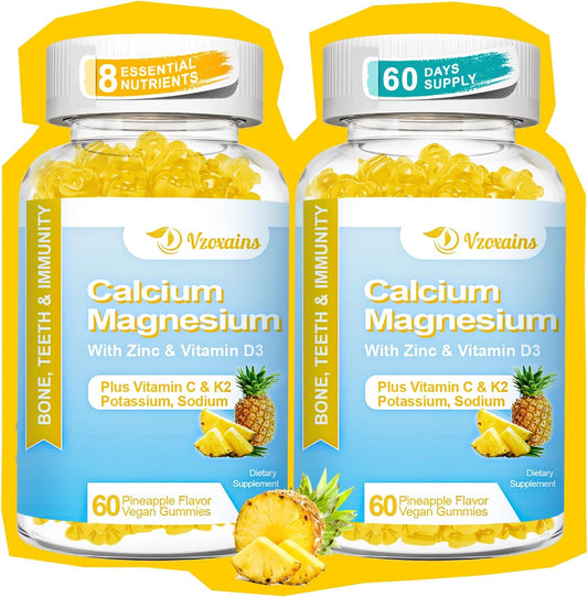 Sugar-Free High Absorption Calcium Gummies with Potassium, Vitamin D3 for Bone Strength - Vegan Pineapple Flavor, 120 Count