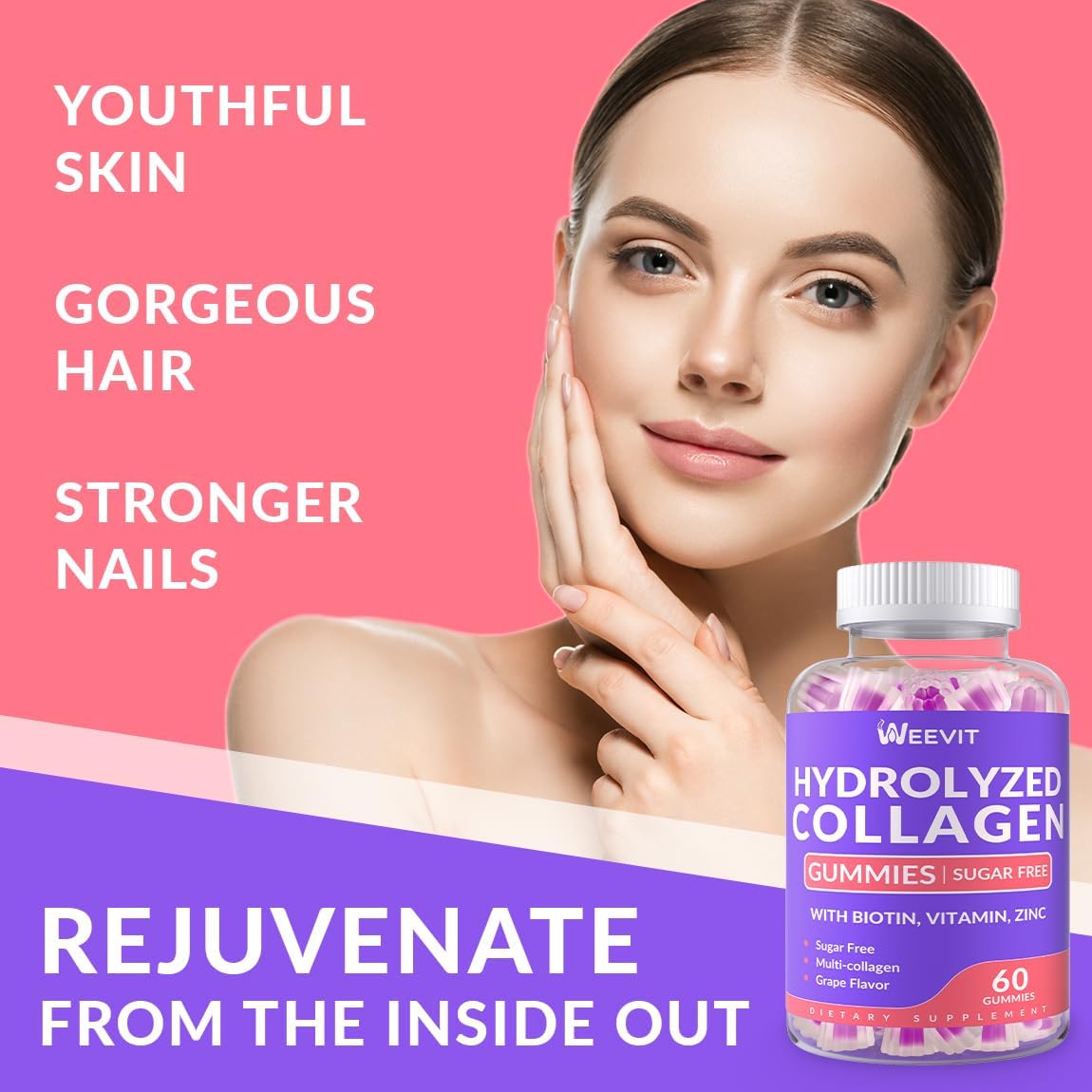 Sugar-Free Hydrolyzed Collagen Gummies for Women with Collagen Peptides, Biotin, and Vitamins for Hair, Skin, and Nails