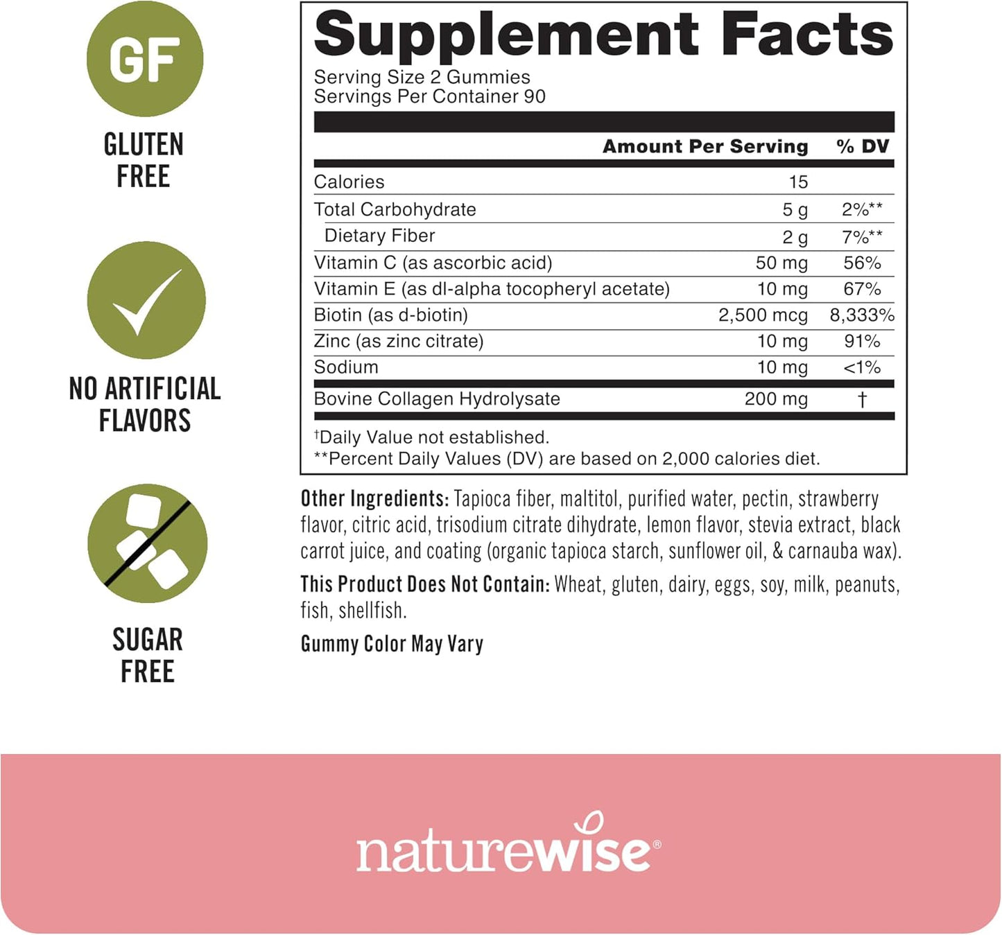 Sugar-Free Hydrolyzed Collagen Gummies for Women with Type I & III Peptides, Biotin, Vitamin C, E, Zinc - Hair, Skin, Nails & Joint Support - 180 Count - 3-Month Supply by NatureWise