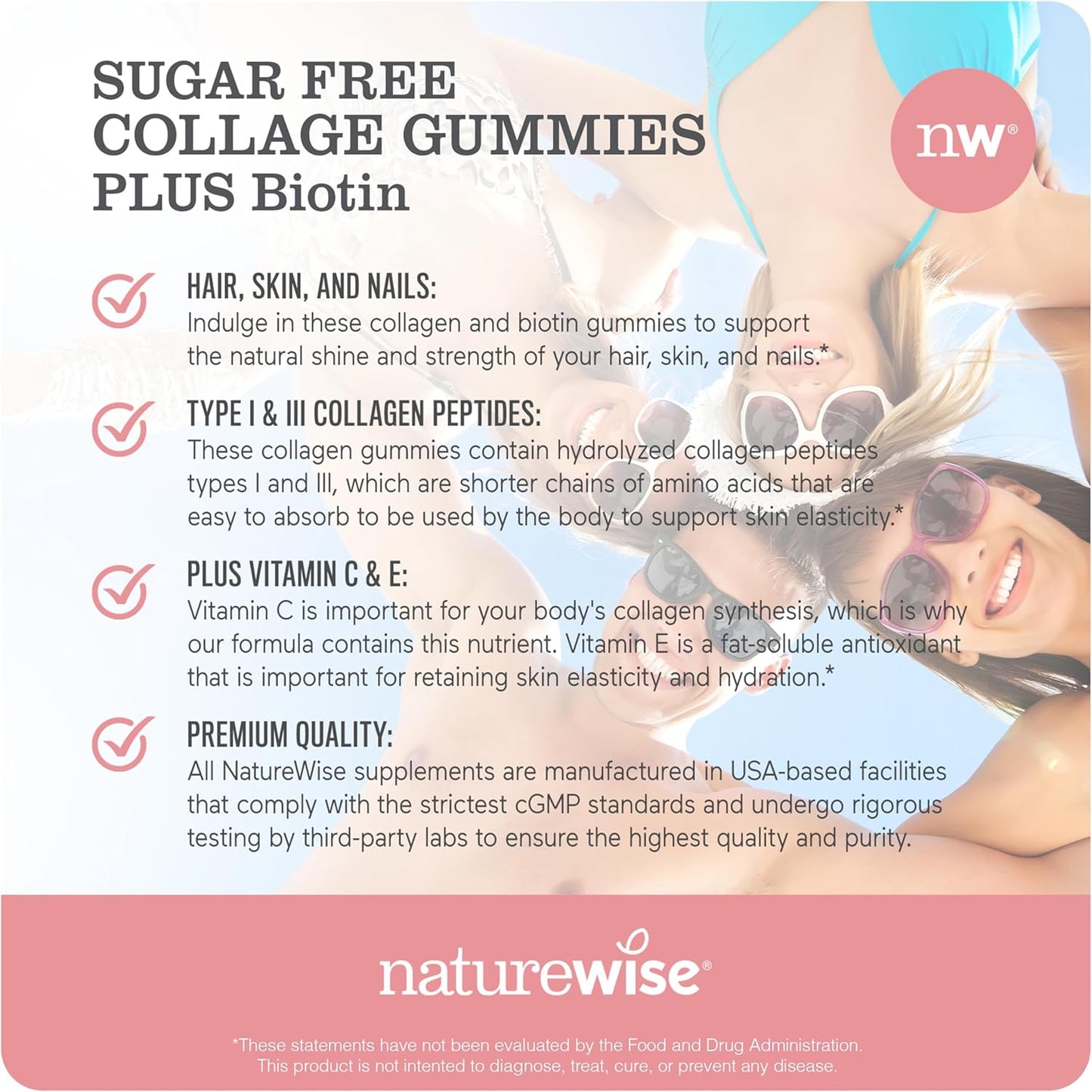 Sugar-Free Hydrolyzed Collagen Gummies for Women with Type I & III Peptides, Biotin, Vitamin C, E, Zinc - Hair, Skin, Nails & Joint Support - 180 Count - 3-Month Supply by NatureWise