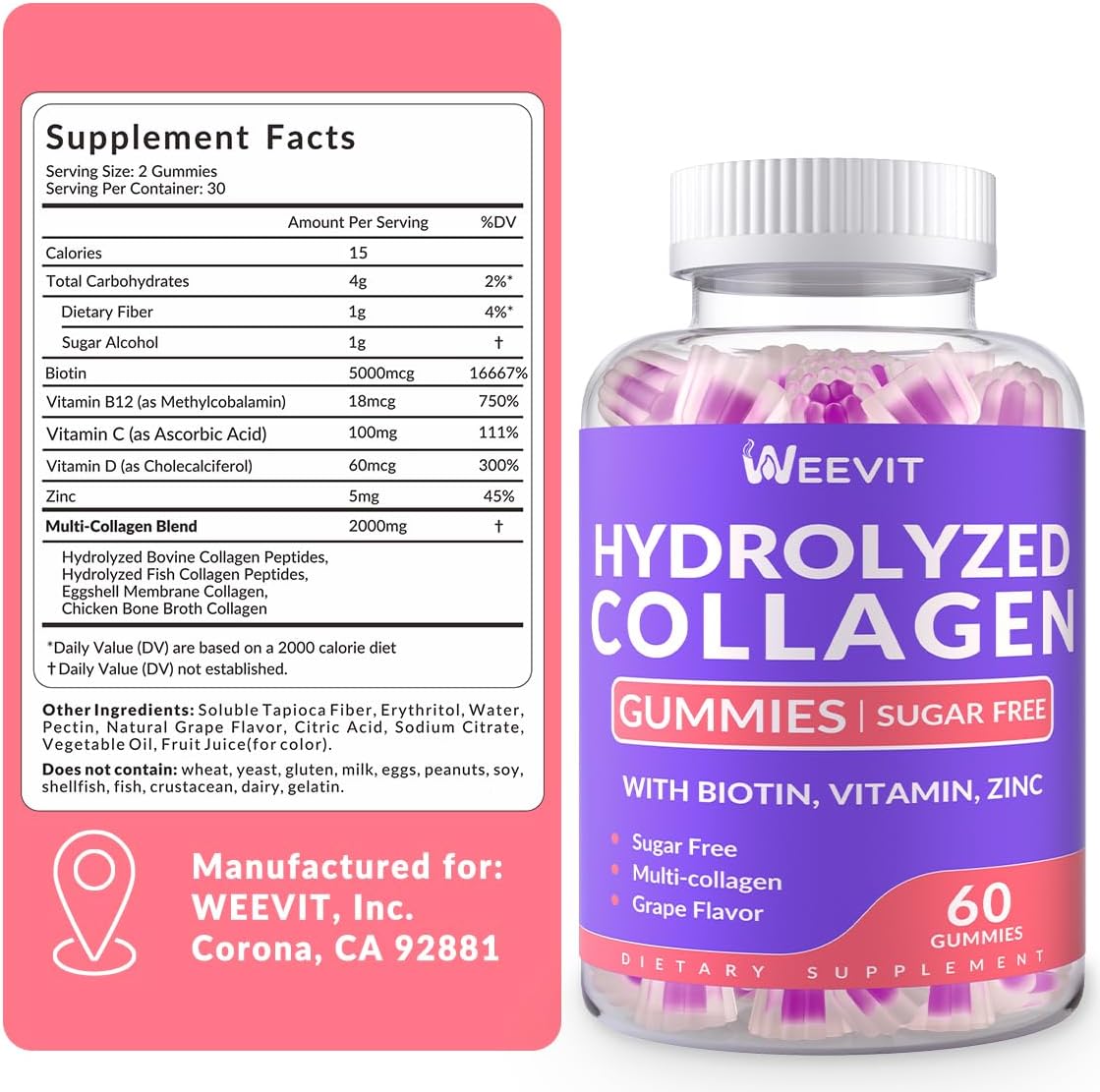 Sugar-Free Hydrolyzed Collagen Gummies for Women with Collagen Peptides, Biotin, and Vitamins for Hair, Skin, and Nails